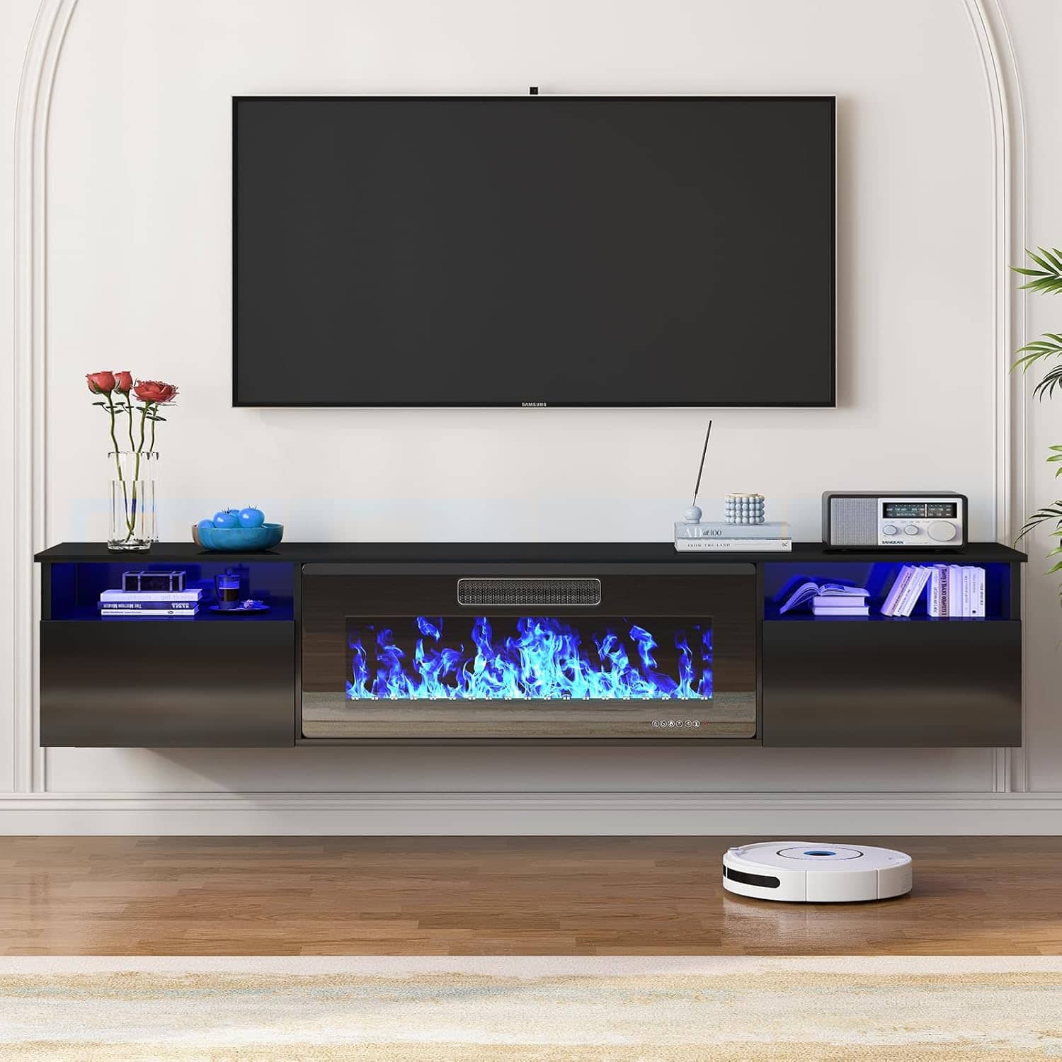 Circus Cirle - 80" Floating TV Stand with 36" Electric Fireplace Heater - Black