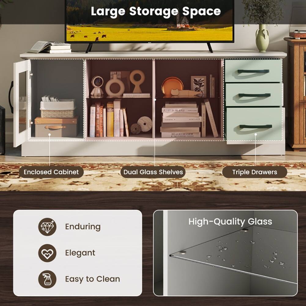 Large Storage Space

- Enclosed Cabinet
- Dual Glass Shelves
- Triple Drawers

Enduring
Elegant
Easy to Clean

High-Quality Glass