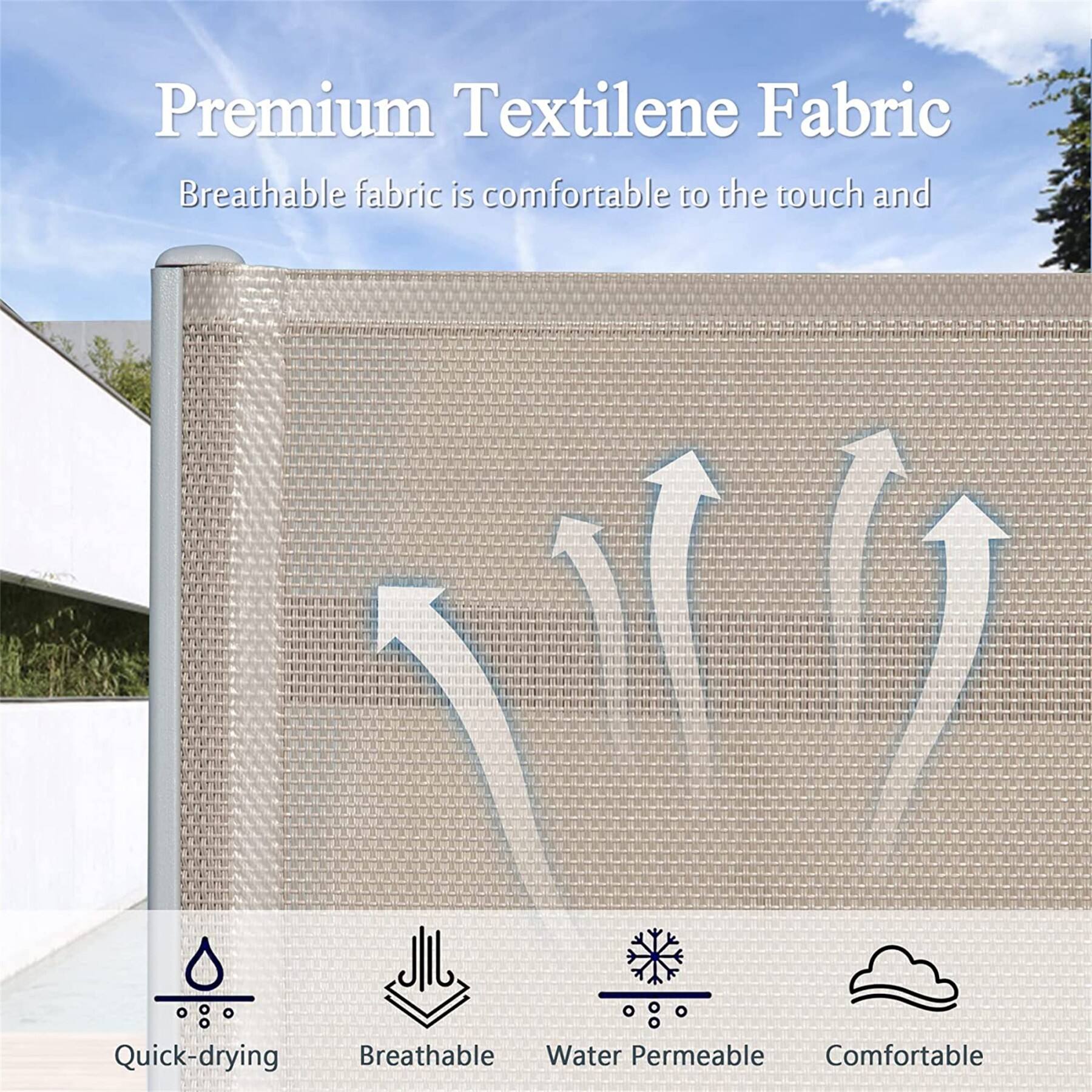 Premium Textilene Fabric

Breathable fabric is comfortable to the touch and

- Quick-drying
- Breathable
- Water Permeable
- Comfortable
