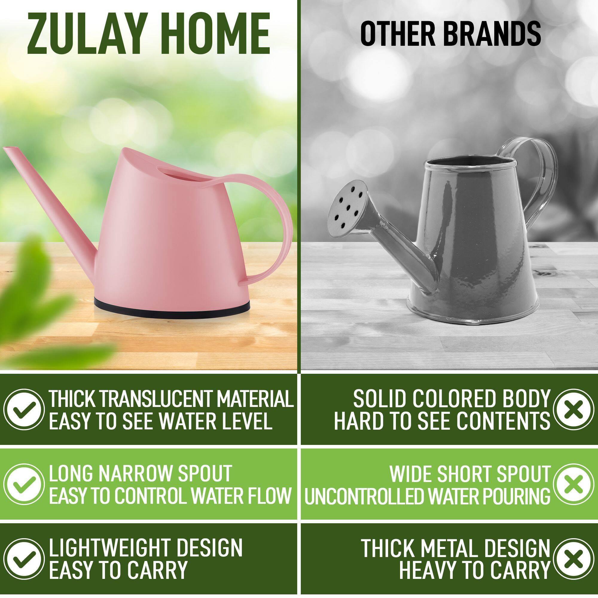 ZULAY HOME

- THICK TRANSLUCENT MATERIAL
  - EASY TO SEE WATER LEVEL

- LONG NARROW SPOUT
  - EASY TO CONTROL WATER FLOW

- LIGHTWEIGHT DESIGN
  - EASY TO CARRY

OTHER BRANDS

- SOLID COLORED BODY
  - HARD TO SEE CONTENTS

- WIDE SHORT SPOUT
  - UNCONTROLLED WATER POURING

- THICK METAL DESIGN
  - HEAVY TO CARRY