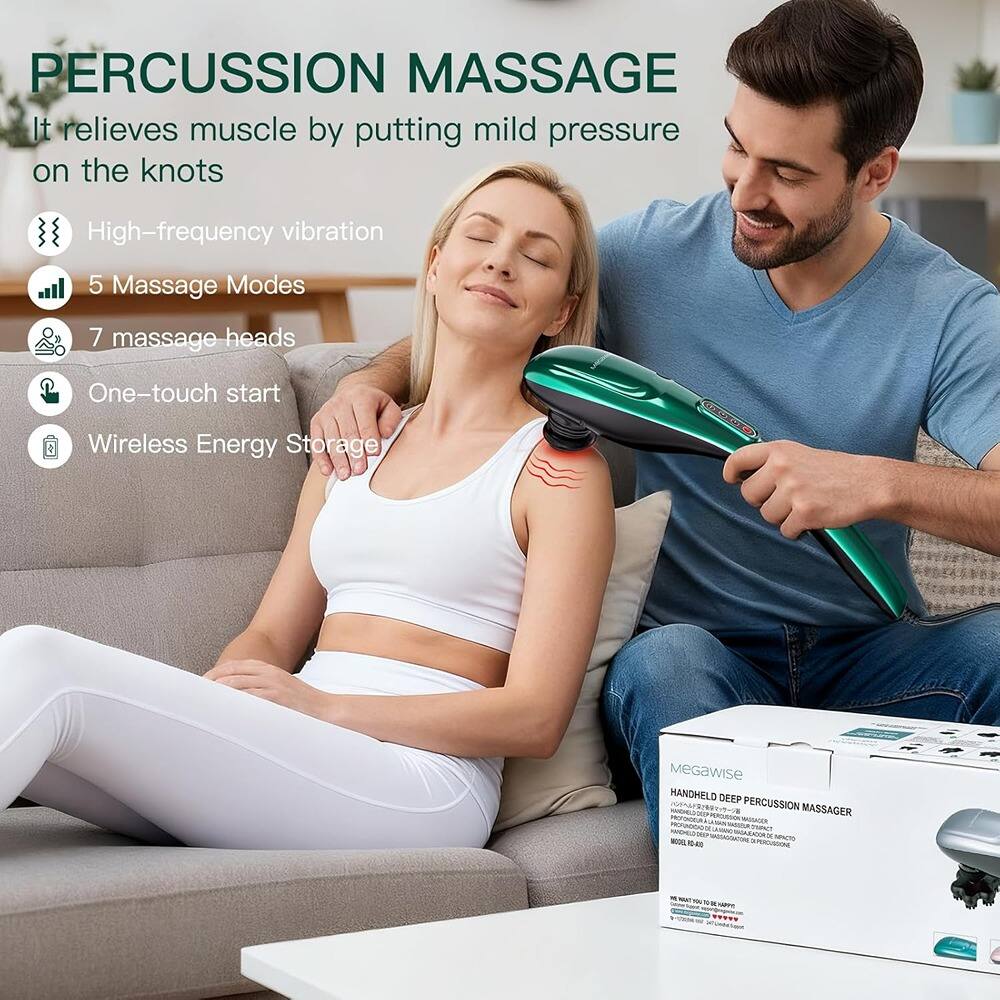 PERCUSSION MASSAGE  
It relieves muscle by putting mild pressure on the knots  

- High-frequency vibration  
- 5 Massage Modes  
- 7 massage heads  
- One-touch start  
- Wireless Energy Storage  

MEGAWISE  
HANDHELD DEEP PERCUSSION MASSAGER