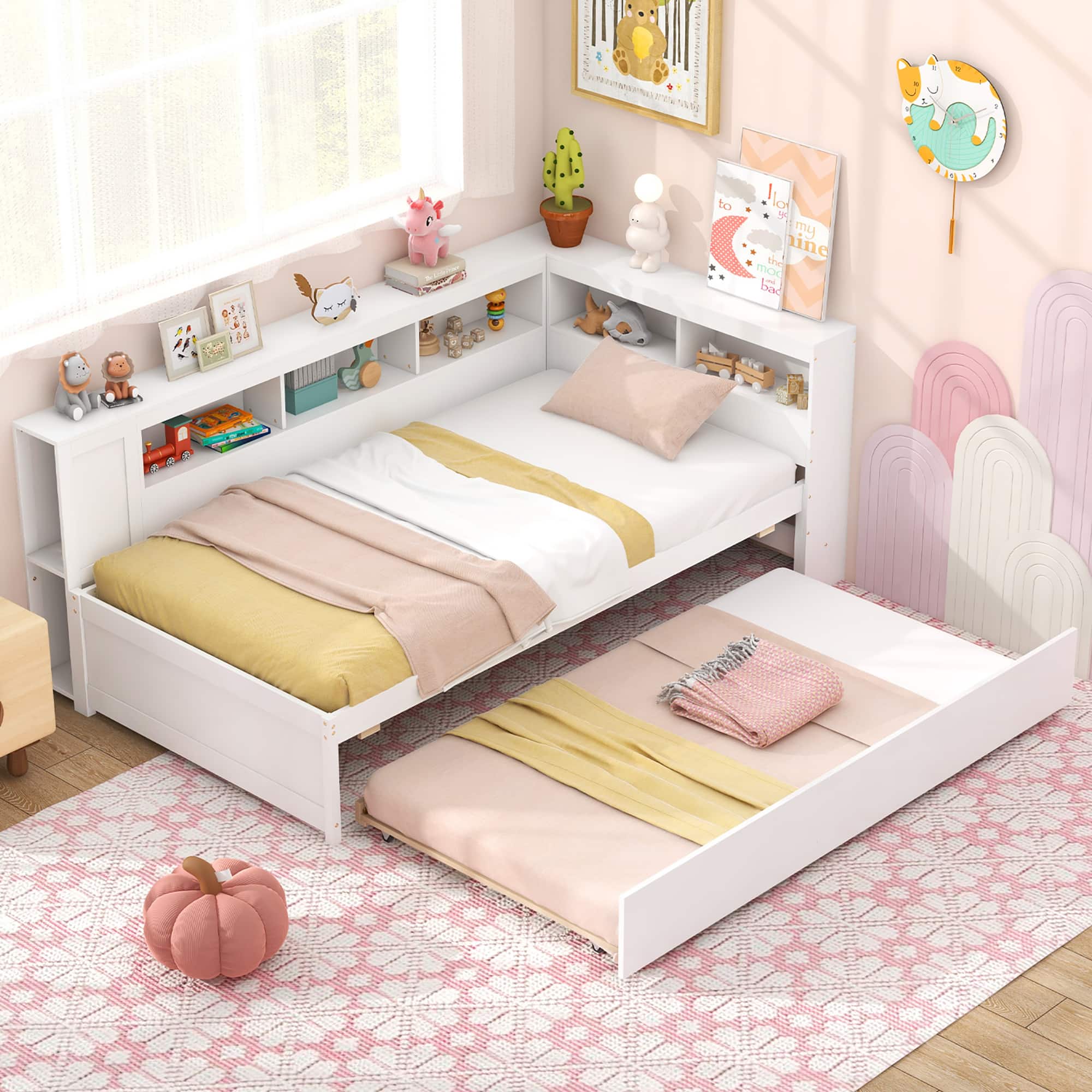 Gymax - Twin Size Daybed w/ Trundle Bedside Shelves Reversible Bookcase Headboard - White