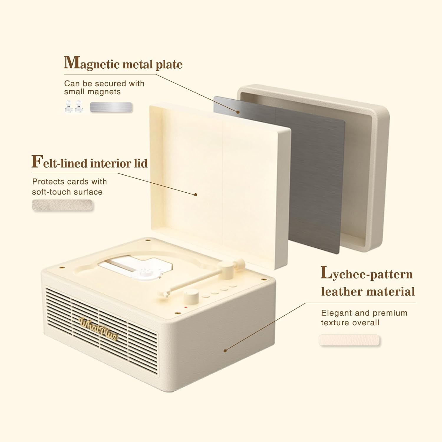 Magnetic metal plate  
Can be secured with small magnets  

Felt-lined interior lid  
Protects cards with soft-touch surface  

Lychee-pattern leather material  
Elegant and premium texture overall