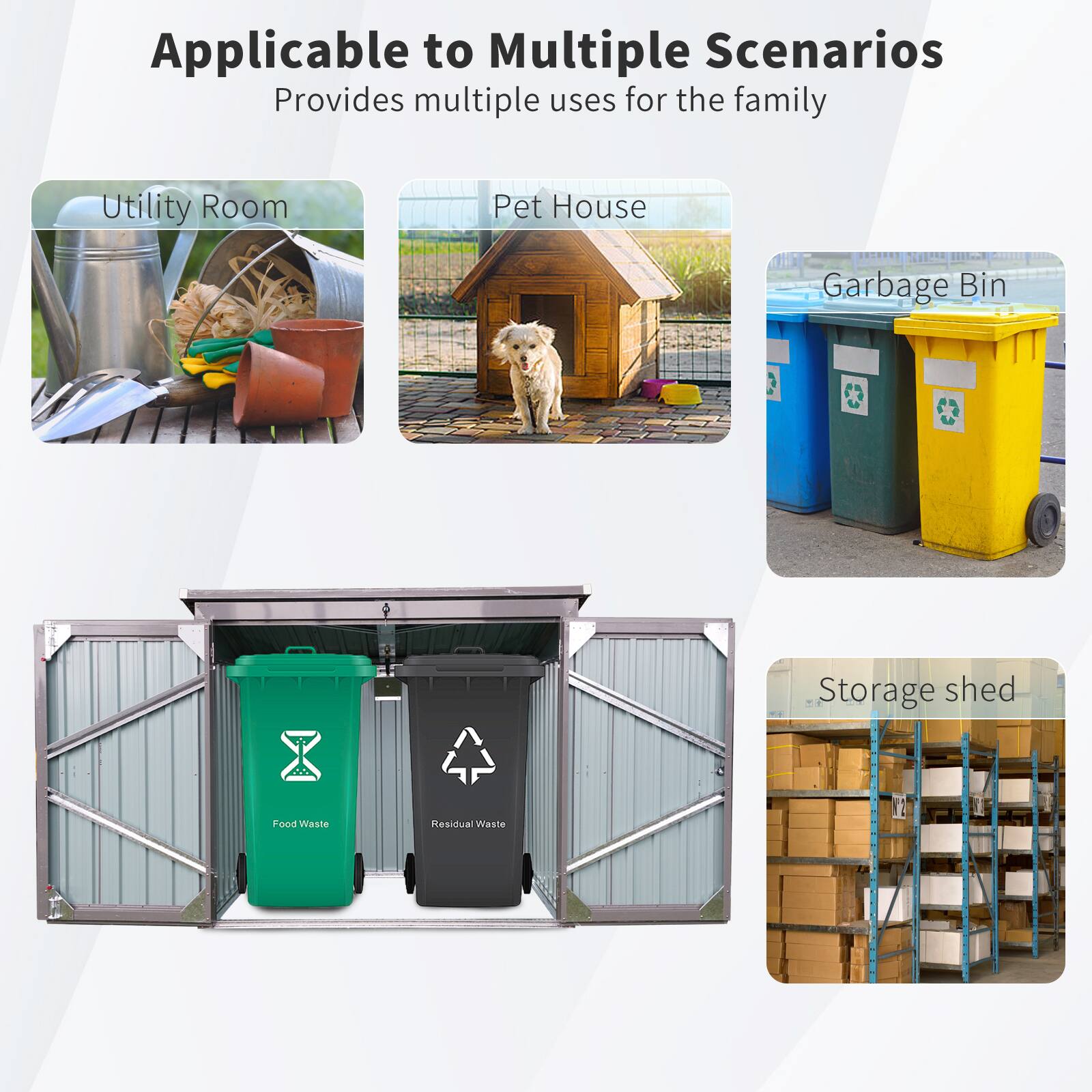 Applicable to Multiple Scenarios  
Provides multiple uses for the family  

- Utility Room  
- Pet House  
- Garbage Bin  
- Storage shed  

Food Waste  
Residual Waste