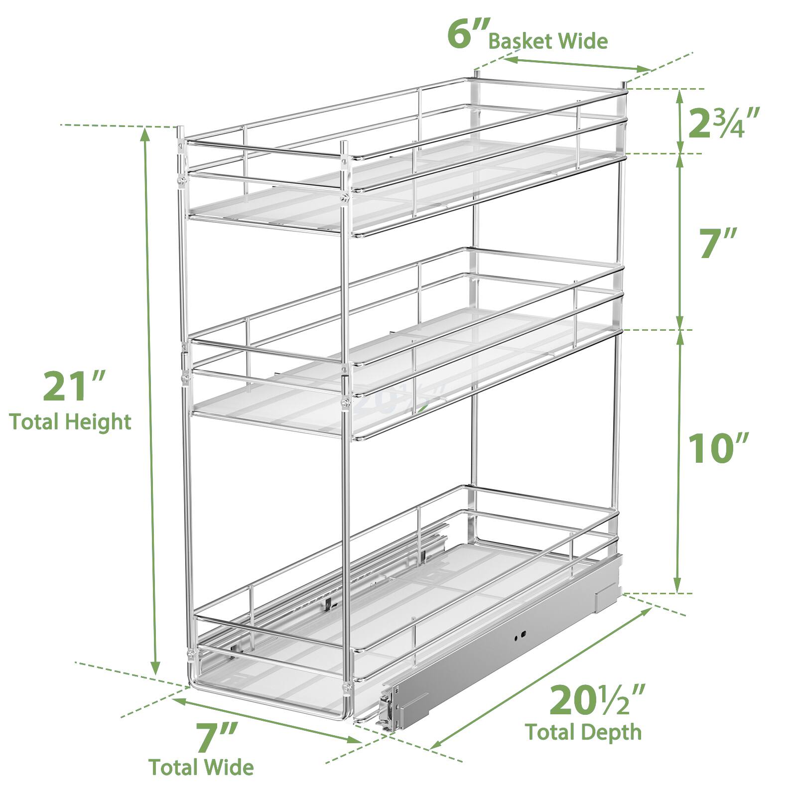 6" Basket Wide, 23/4", 7", 21" Total Height, 10", 7" Total Wide, 201/2" Total Depth