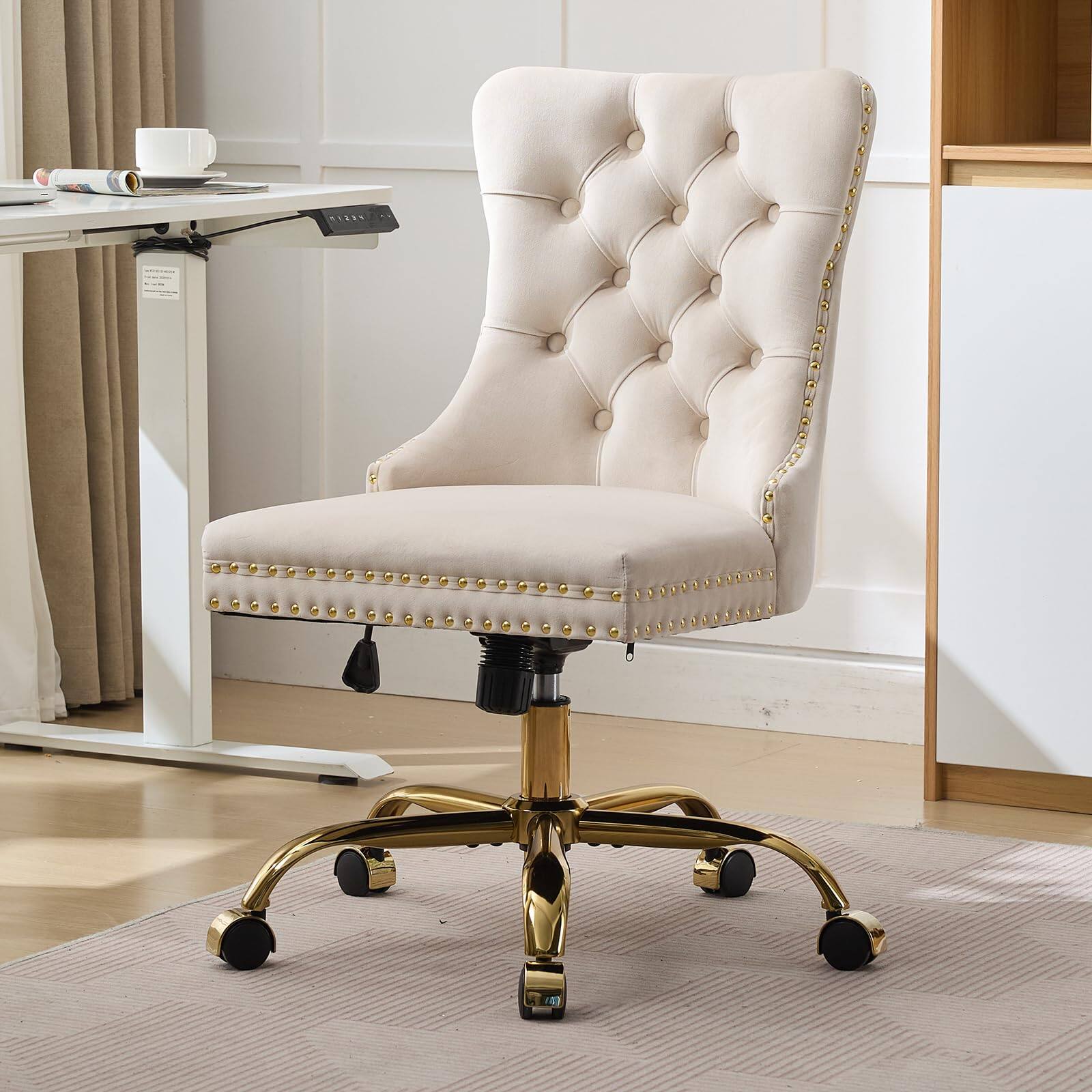 Alt View 1. Ecooso - Modern Velvet Upholstered Tufted Button Home Office Chair with Golden Metal Base,Adjustable Swivel Chair Swivel (Beige) - Beige.