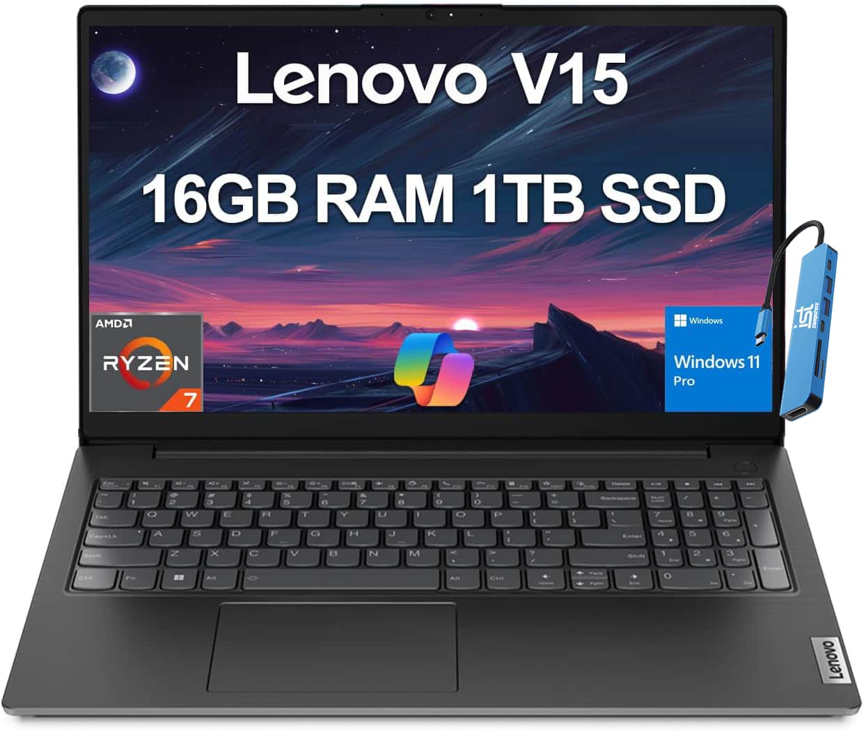 Lenovo - V15 15.6" FHD Laptop - AMD Ryzen 7 with 16GB SO-DIMM RAM - 1TB SSD - Windows 11Pro - Black