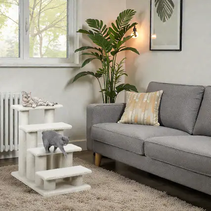 Front. BreeBe - Carpeted 4-Step Cat Tree Climber with Ramp and Integrated Scratch Post - Beige.