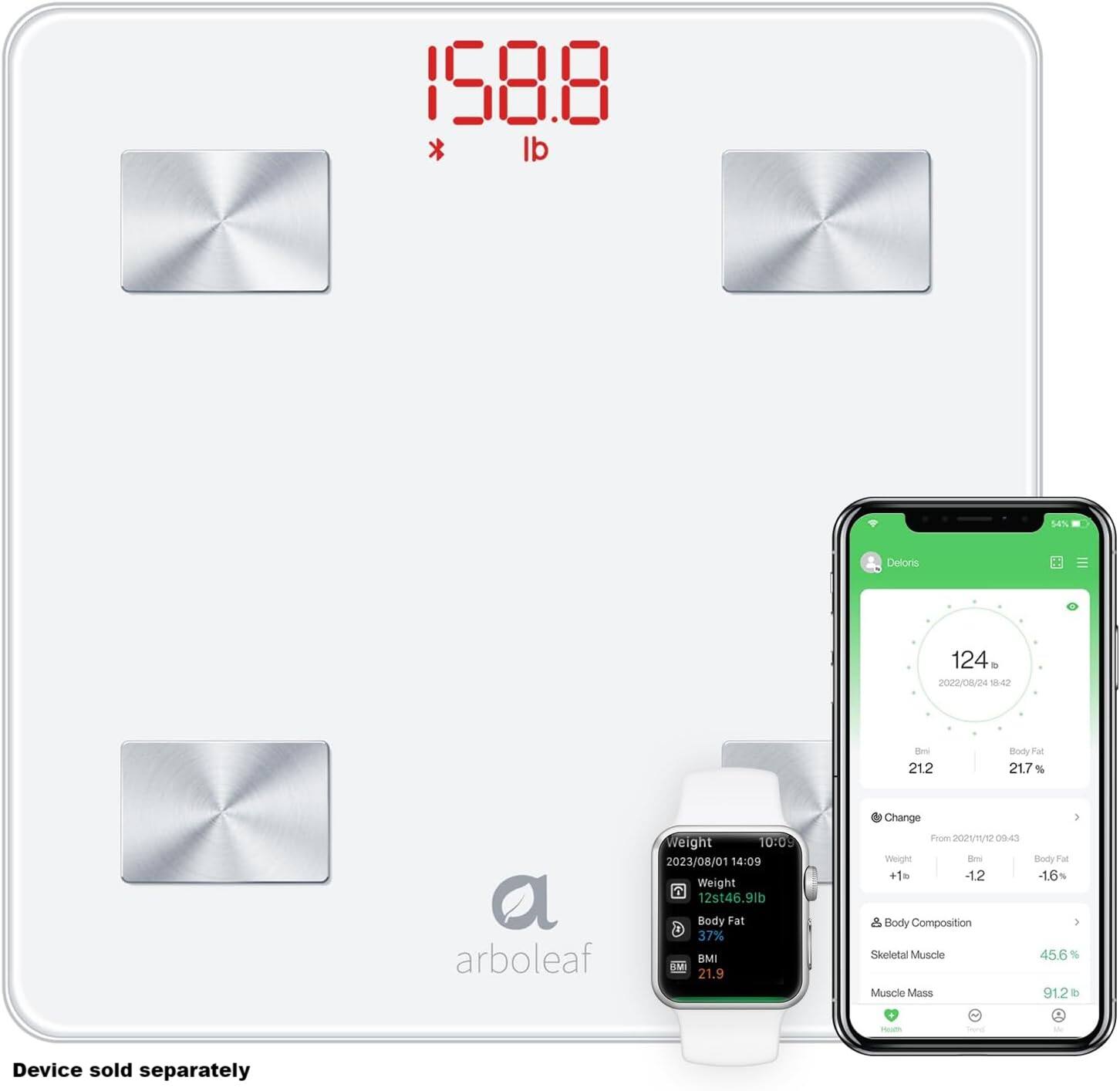 Arboleaf - Smart Scale for Body Weight, Bluetooth, 14 Key Body Composition Analysis Sync Apps, FSA or HSA eligible - White