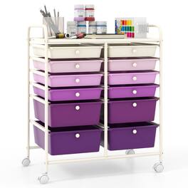 Gymax - 12-Drawer Organizer Cart Rolling Storage Cart w/ 2 Sizes Plastic Drawers - Purple