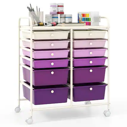 Front. Gymax - Gymax 12-Drawer Organizer Cart Rolling Storage Cart w/ 2 Sizes Plastic Drawers Purple - Purple.