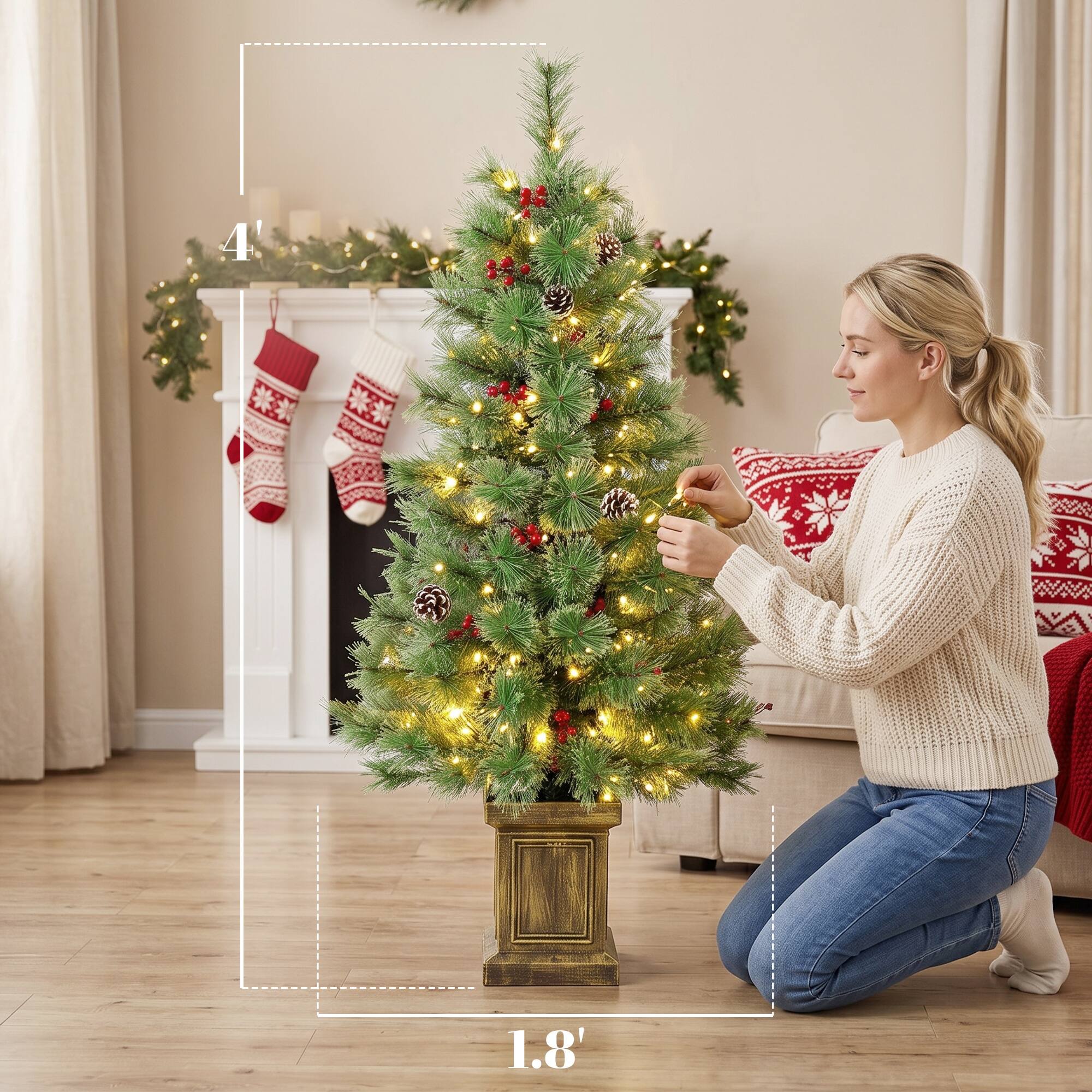 Alt View 2. Homcom - Pre-Lit Artificial Christmas Tree Set of 2, Xmas Pine Trees, Dual Colors - Green.