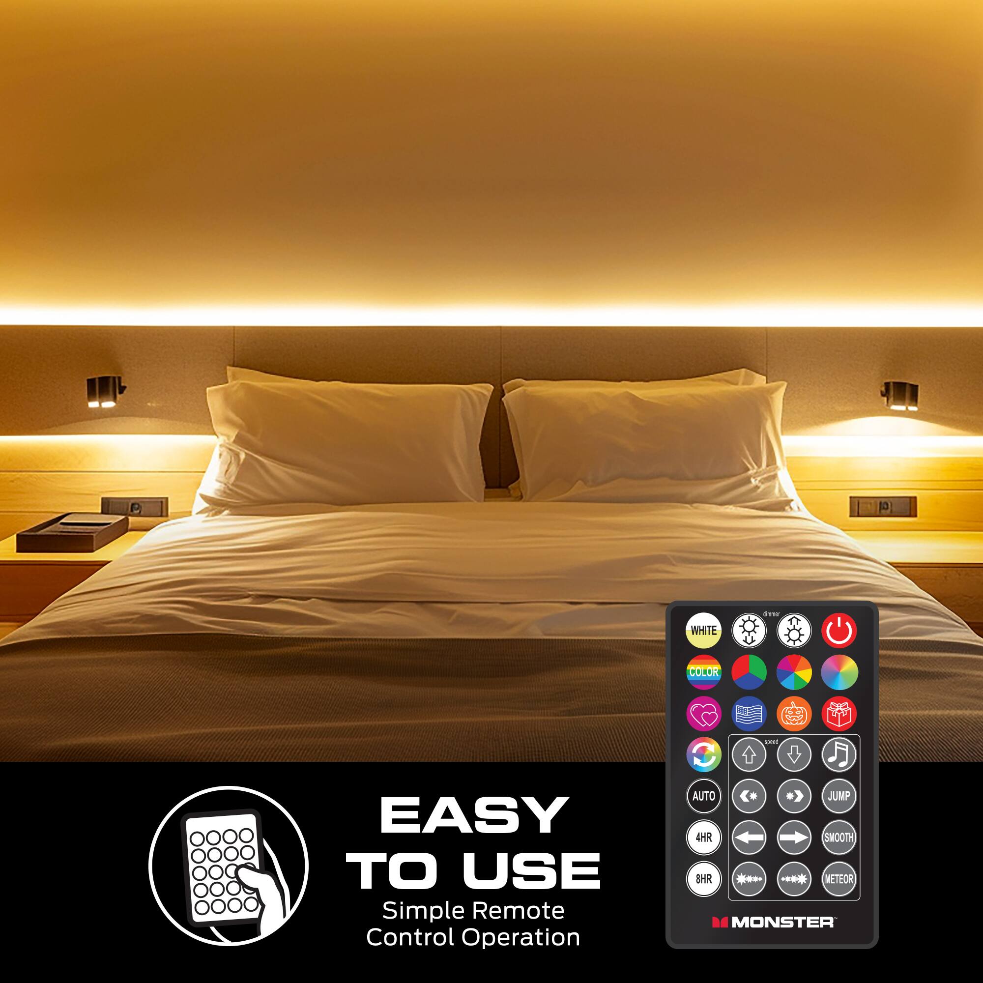 WHITE COLOR  
EASY TO USE  
Simple Remote Control Operation  
AUTO JUMP  
4HR  
SMOOTH  
8HR  
METEOR  
MONSTER