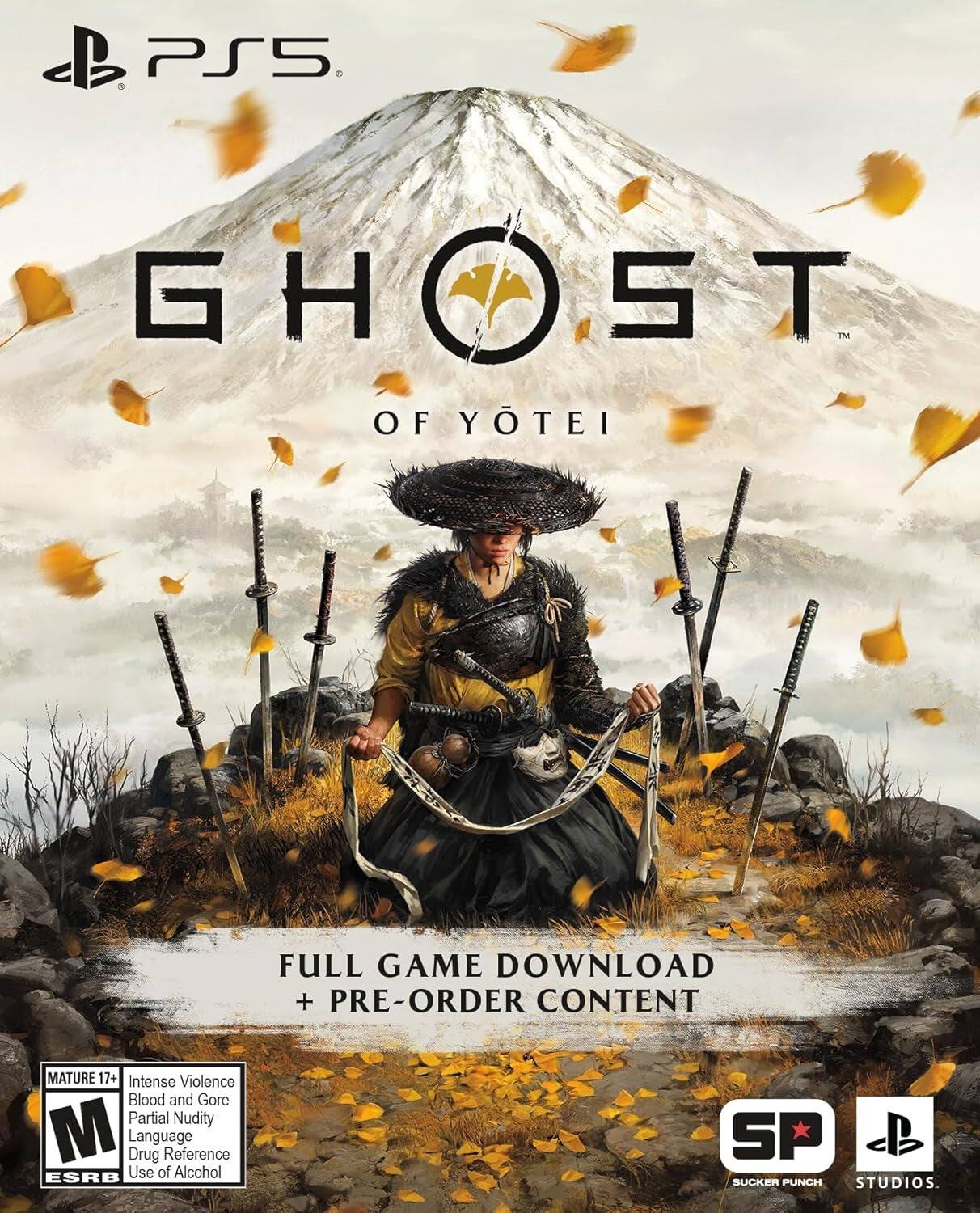 PS5  
GHOST OF YOTEI  
FULL GAME DOWNLOAD + PRE-ORDER CONTENT  
MATURE 17+ Intense Violence Blood and Gore Partial Nudity M Language Drug Reference ESRB Use of Alcohol  
SUCKER PUNCH STUDIOS