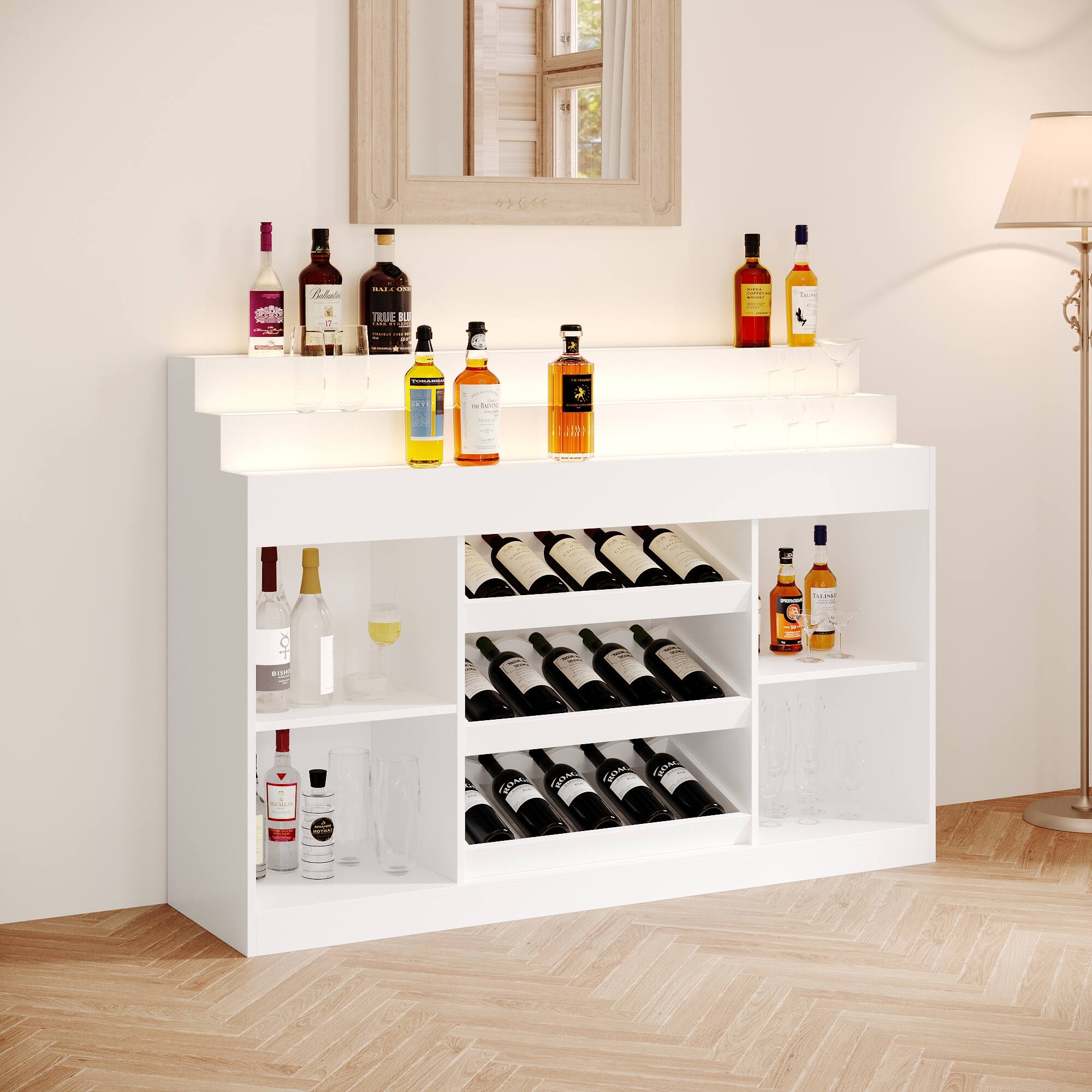 The image shows a bar with a variety of liquor bottles and wine glasses. There are at least 13 bottles of liquor displayed, including some with blue labels. The wine glasses are arranged in two rows, with a total of 11 wine glasses visible. The bar appears to be well-stocked and ready for use.