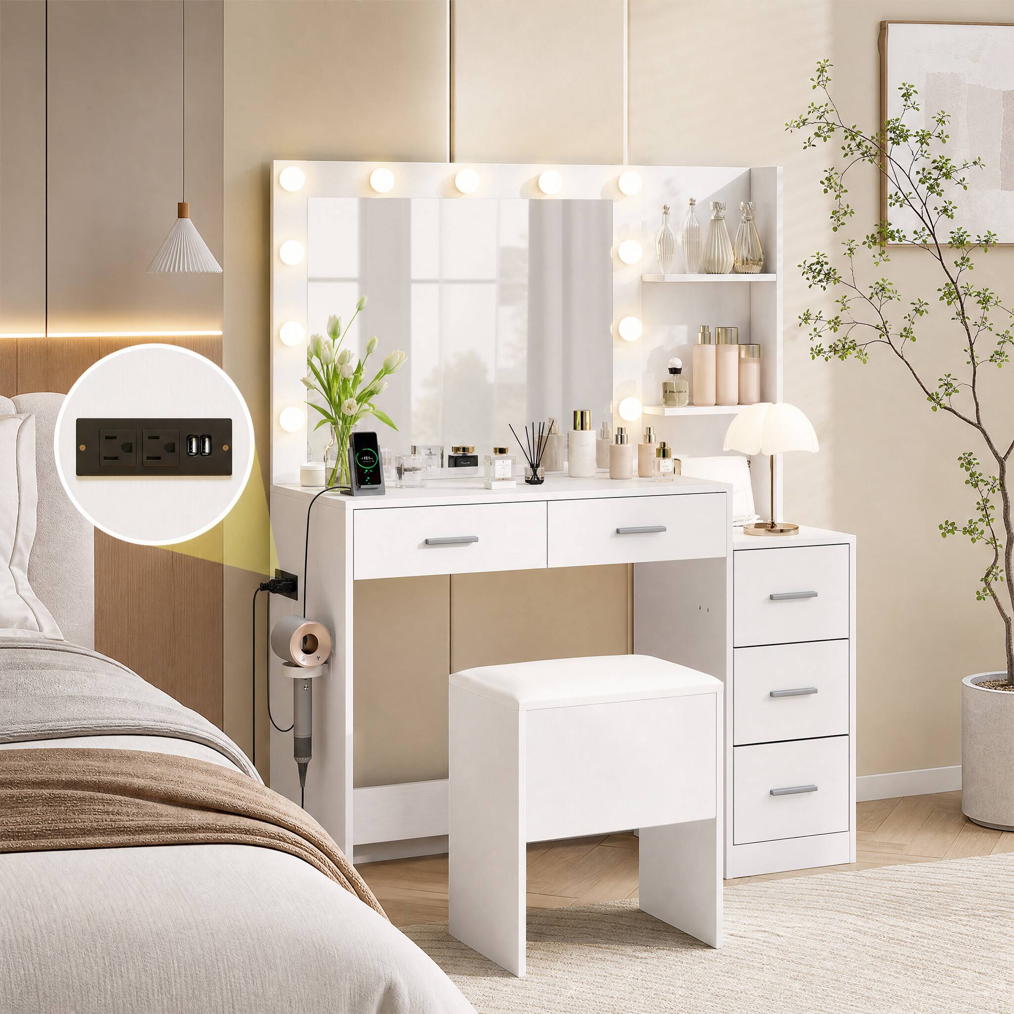 Left. WELLFOR - 43.5 Inch Makeup Vanity Set with 3-Color LED Mirror & Charging Station, Vanity Table with Storage Stool for Bedroom - White.