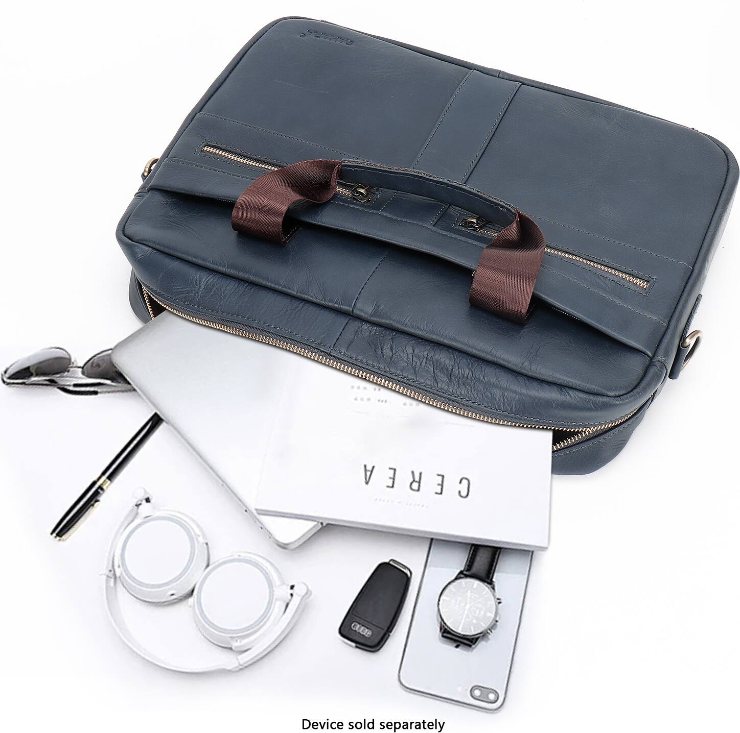 The image shows a blue briefcase with a brown strap, placed on a white background. The briefcase is open, revealing its contents. There are several items inside the briefcase, including a cell phone, a watch, a pen, and a pair of glasses. The items are arranged neatly, and the briefcase appears to be well-organized. The text "CEREA 00BE Device sold separately" is displayed on the image, indicating that the device is not included in the briefcase and must be purchased separately.