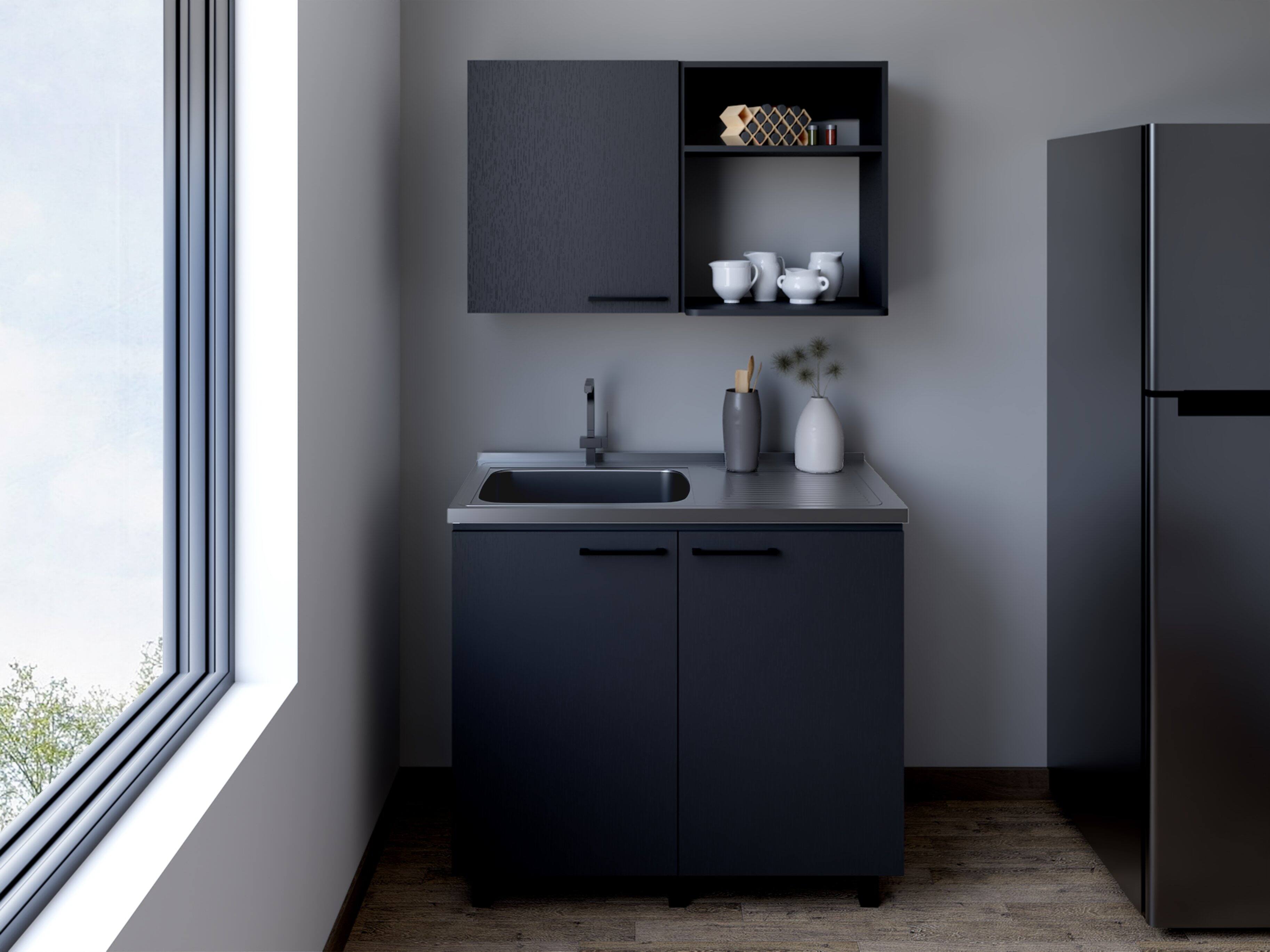 Front. TinyHomie - Alexandria 2 Piece Black Kitchen Set Wall Cabinet Utility Sink - Black.