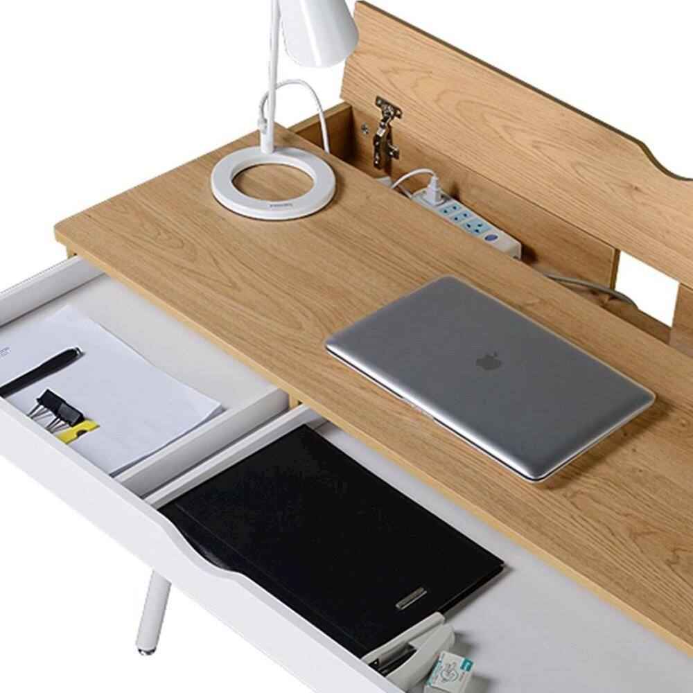 Alt View 7. FurniFact - Light Brown Wood Desk With 1 Drawer, White Frame Compact Writing Desk For Home - Green.