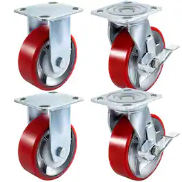 VEVOR - 4 Pack 6 x 2 Inch Caster Wheels 2 Rigid and 2 Swivel Casters with Side Brake Polyurethane Iron Core Plate - Red;Silver