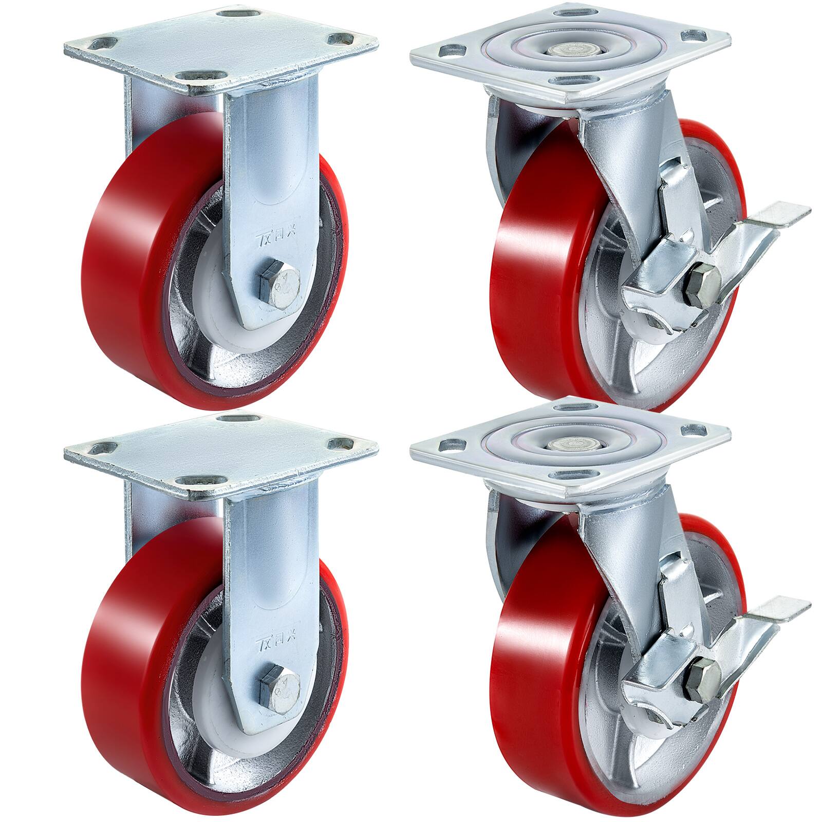 Front. VEVOR - 4 Pack 6 x 2 Inch Caster Wheels 2 Rigid and 2 Swivel Casters with Side Brake Polyurethane Iron Core Plate - Red;Silver.