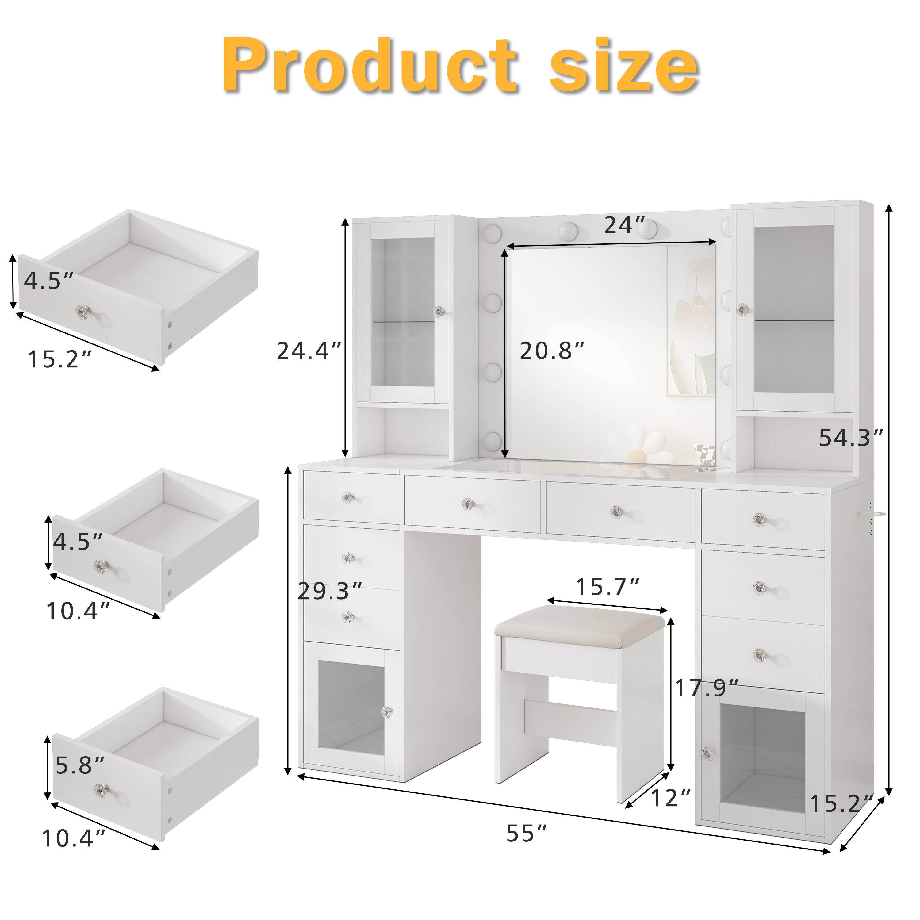 Product size: 24" x 4.5" x 15.2" x 24.4" x 20.8" x 54.3" x 4.5" x 10.4" x 29.3" x 15.7" x 17.9" x 5.8" x 10.4" x 55" x 12" x 15.2"