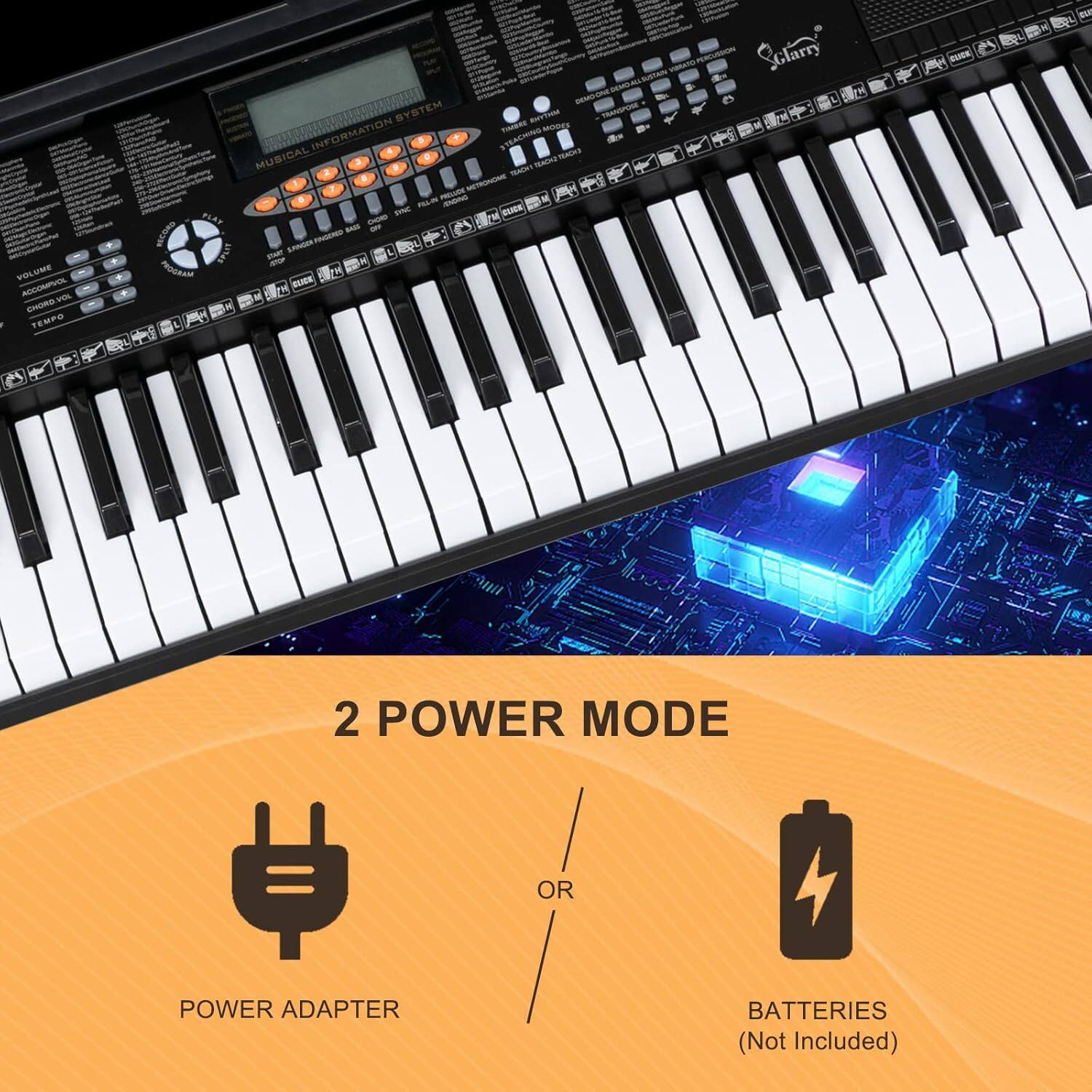 Glarry VOLUME A - VES - TEMES SYSTEM maten MINES INFORMATION MUSICAL Sa man TEATN - -L - LA -  gur - M ICONO SAIS - - Snn  unes - - N PROLAIM SLCK T T  2 POWER MODE OR POWER ADAPTER BATTERIES (Not Included)