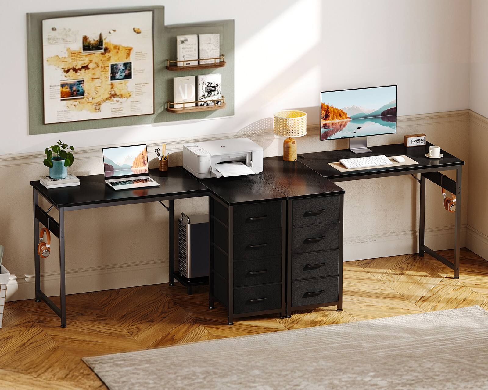 Alt View 3. AODK - Reversible L Shaped Desk with 4 Fabric Drawers, Corner Computer Table with CPU Stand & Hook for Home Office - Black.