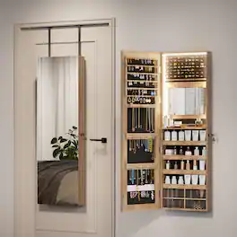 Malletson - 47" x 14.5" Mirrored Jewelry Cabinet with 3-Color LED Lights, Wall/Door Mount Lockable Jewelry Storage Armoire - Brown