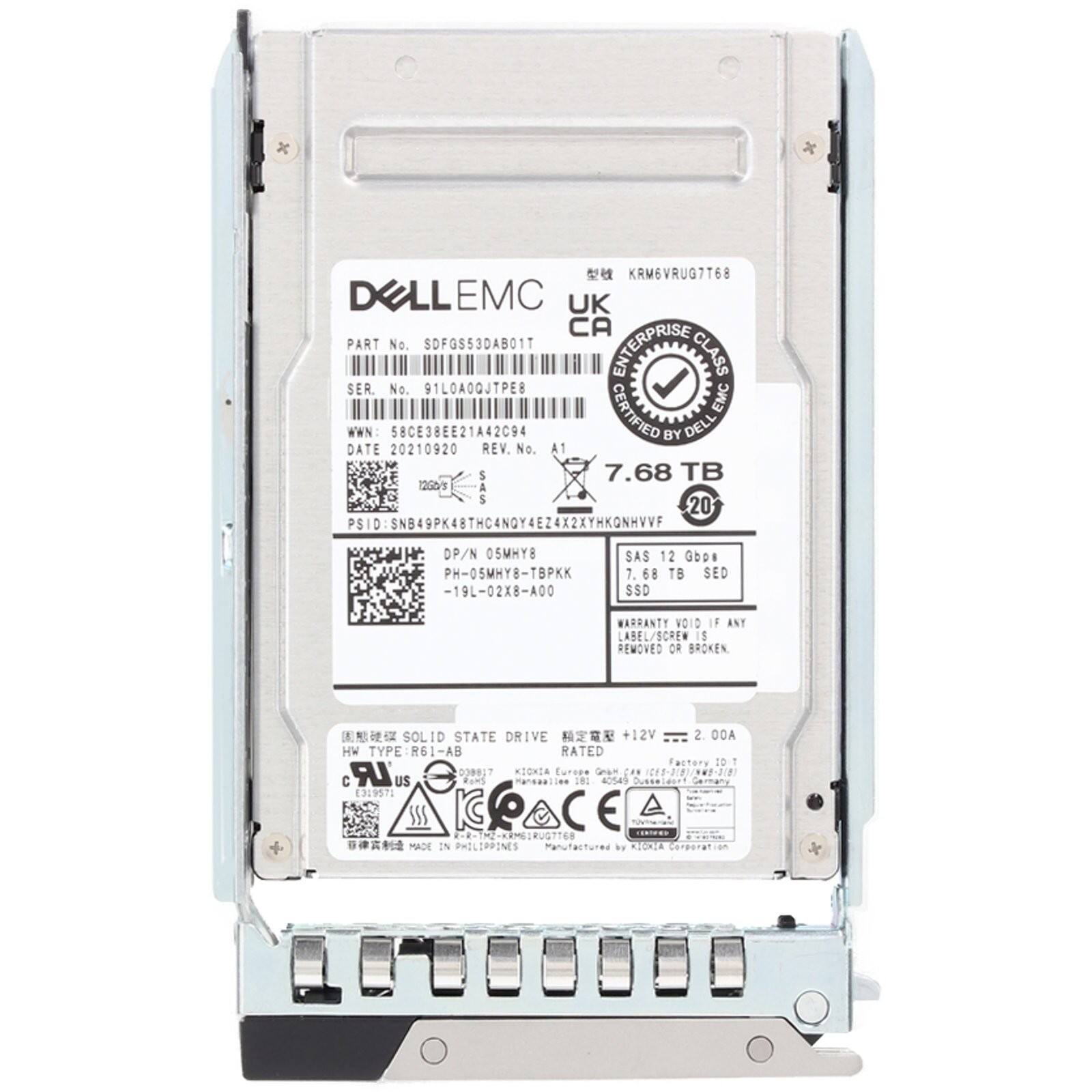 KRM6VRUG7T68  
DELLE EMC UK CA  
PART No. SDFGS53DAB01T  
ENTERPRISE CLASS  
SER. No. 91LOAOOJTPE8  
CERTIFIED EMC WWN 58CE3BEE21A42C94  
BY DELL  
DATE 20210920  
REV. No. AT S  
7.68 TB  
20  
PSID: SNB49PK48THC4NOY4EZ4X2XYHKGNHVVF  
OP/N: 05MHY8  
PH-05MHY8-TBPK -19L-02X8-A00  
SAS 12 Gbps  
7.68 TB SED SSD  
WARRANTY VOID IF ANY LABEL/SCREW IS REMOVED OR BROKEN  
SOLID STATE DRIVE  
+12V 2.00A  
HW TYPE: R61-AB  
RATED  
Factory ID: 10 LR 030817  
KIONIA  
Euroee . 11-21 C US  
Rums
