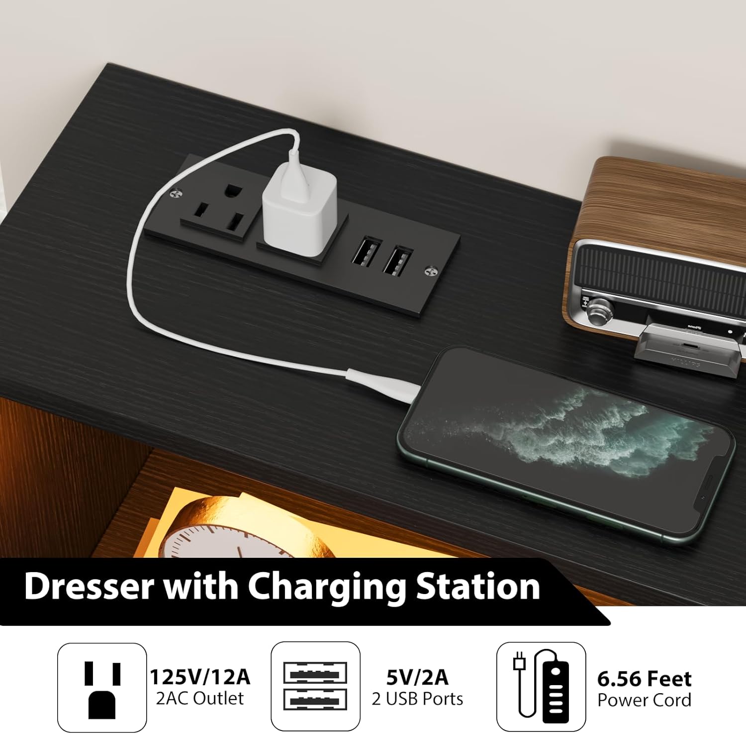 Dresser with Charging Station

- 125V/12A 2AC Outlet
- 5V/2A 2 USB Ports
- 6.56 Feet Power Cord