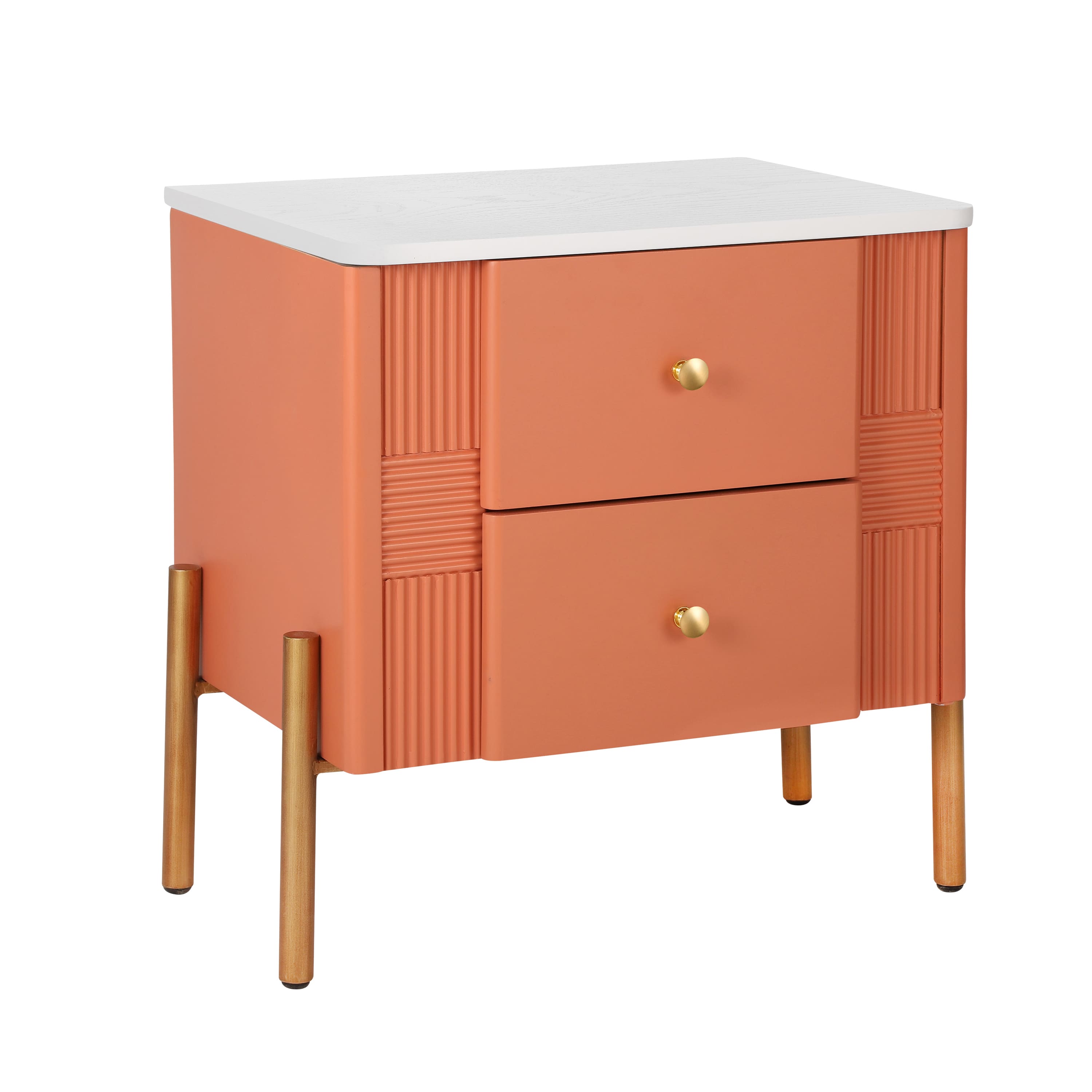 Spaco - Modern Nightstand with Style - Fluted Design, 2 Drawers, Golden Handles & Legs - Ideal for Bedroom & Living - Orange