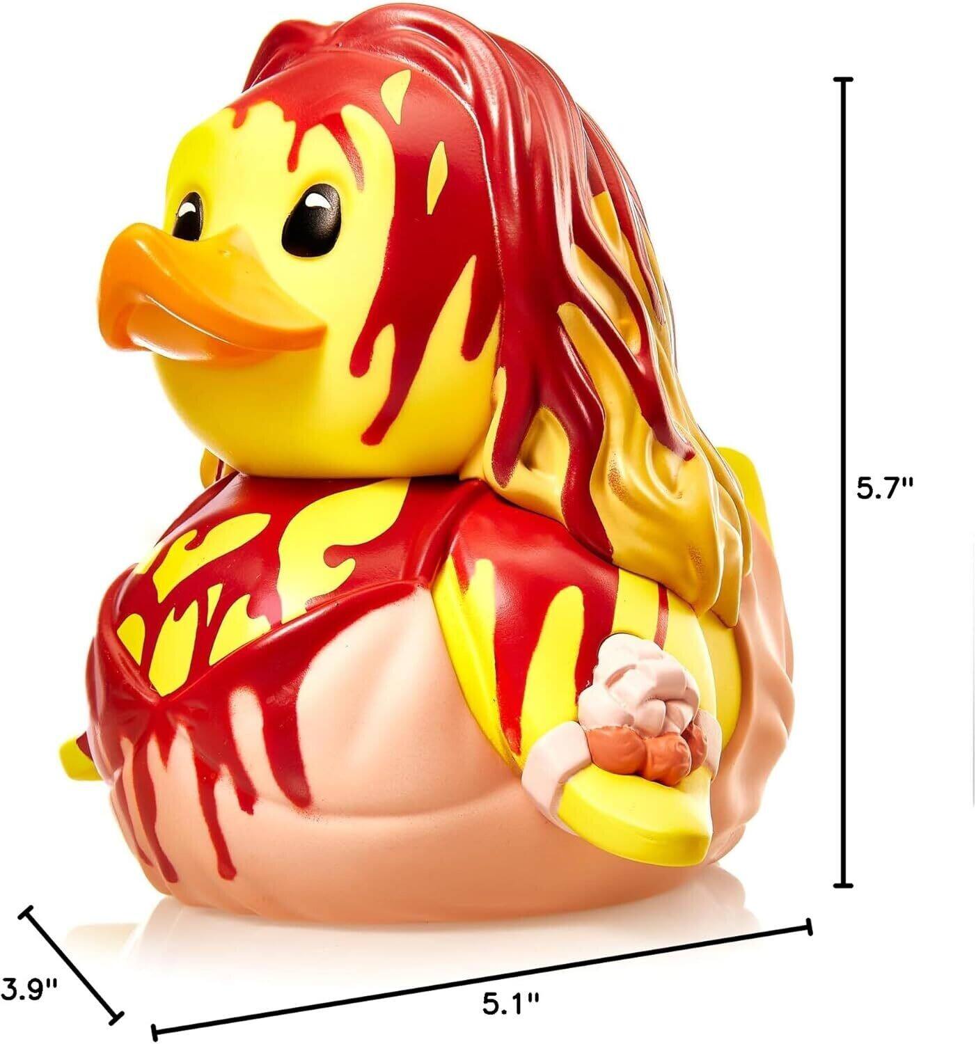 The dimensions of the rubber duck are:

- Height: 5.7 inches
- Width: 5.1 inches
- Depth: 3.9 inches