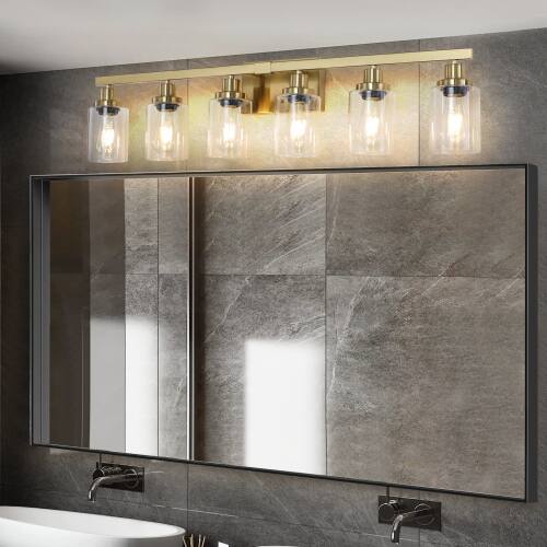 Alt View 4. LUCKY ONE - 37in Wall Mount Vanity Light, 6-Light Gold Iron Sconce with Clear Glass Shades for Bathroom - Gold.