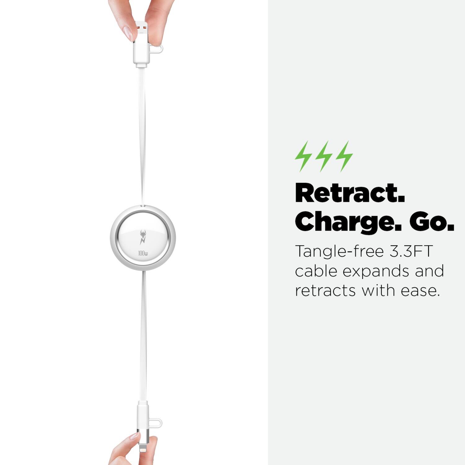 100g  
Retract. Charge. Go.  
Tangle-free 3.3FT cable expands and retracts with ease.