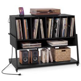 Costway - Record Player Stand with Charging Station, Turntable Stand with Vinyl Storage Shelves - Black