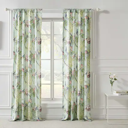 Front. Greenland Home Fashions - Pavona Enchanted Garden Curtain Panels with Tiebacks 84" by Greenland Home Fashions - Jade.