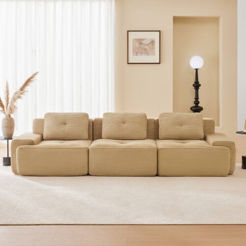 Front. Anysun - 117" Corduroy Modular Sectional Sofa - Oversized 3-Seat Deep-Seat Couch, Pearl Piping, Tufted, Buckle Connection - Camel.