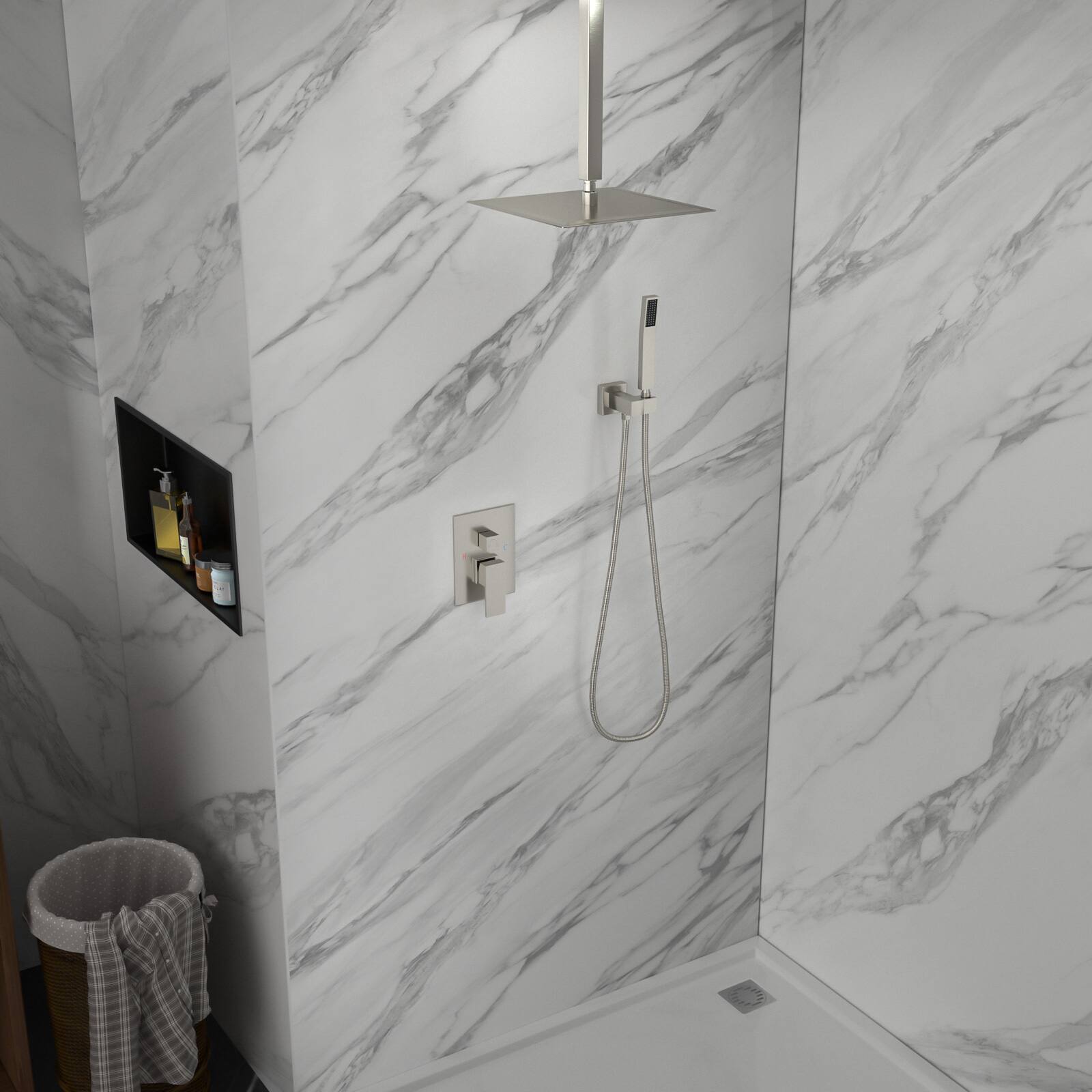 Back. Lordear - Dual Shower Head - 10 Inch Ceiling Mount Square Shower System with Rough-in Valve,Brushed Nickel - Brushed Nickel.