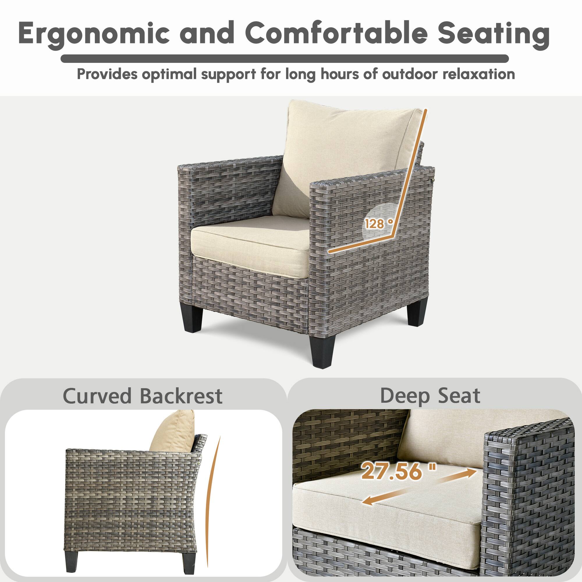 Ergonomic and Comfortable Seating  
Provides optimal support for long hours of outdoor relaxation  

Curved Backrest  
128°  

Deep Seat  
27.56"
