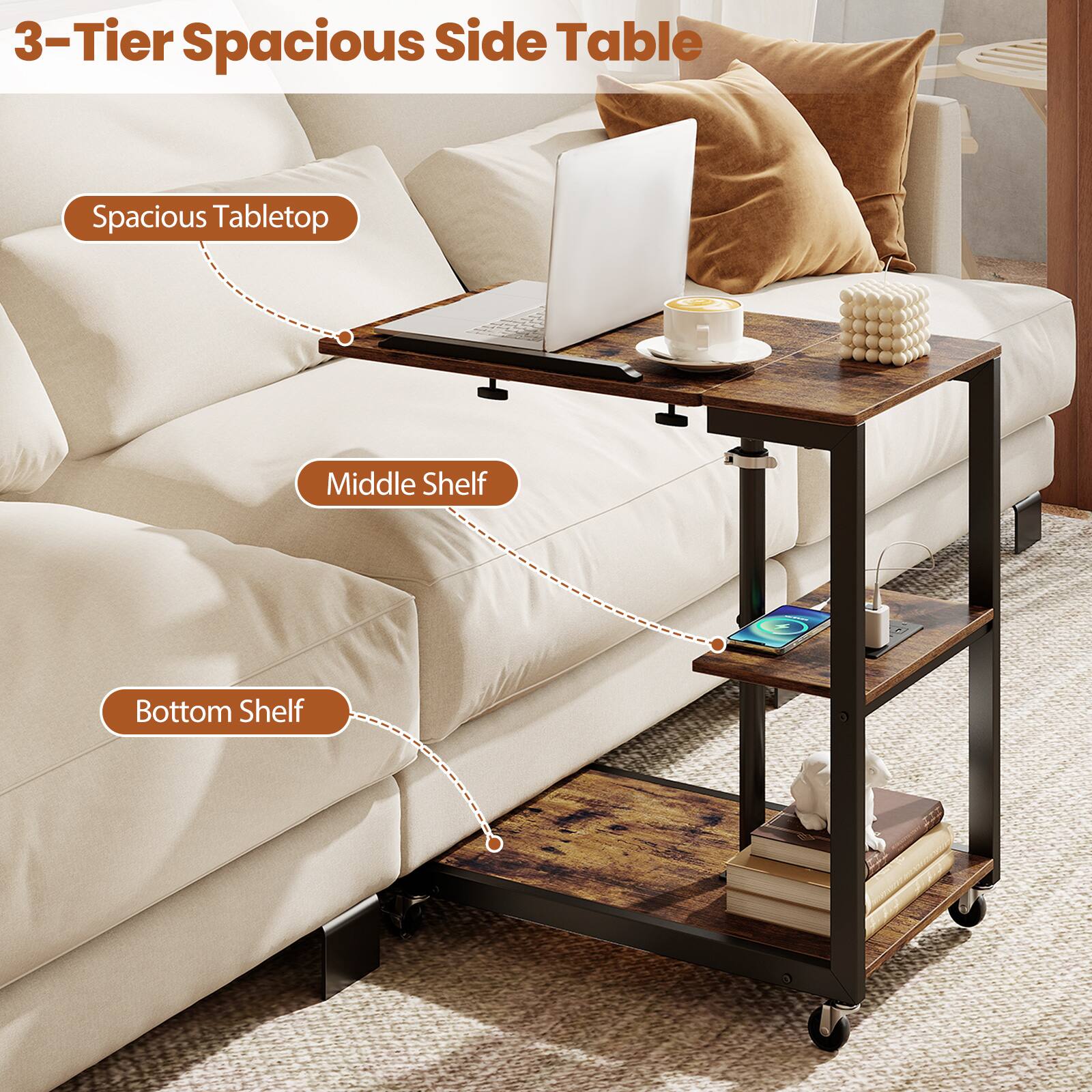 3-Tier Spacious Side Table

- Spacious Tabletop
- Middle Shelf
- Bottom Shelf