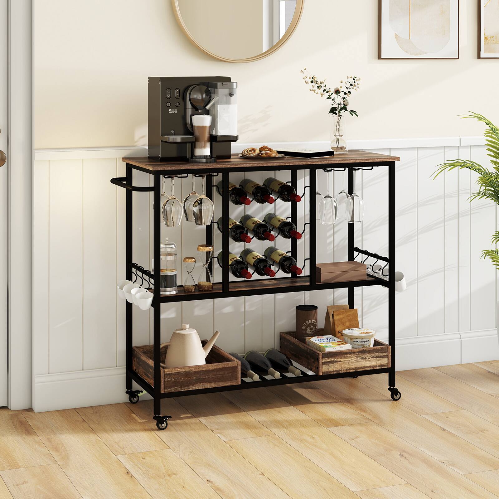 Alt View 1. Ecooso - 3 Tiers Bar Cart on Wheels with Glass Racks - Gray.