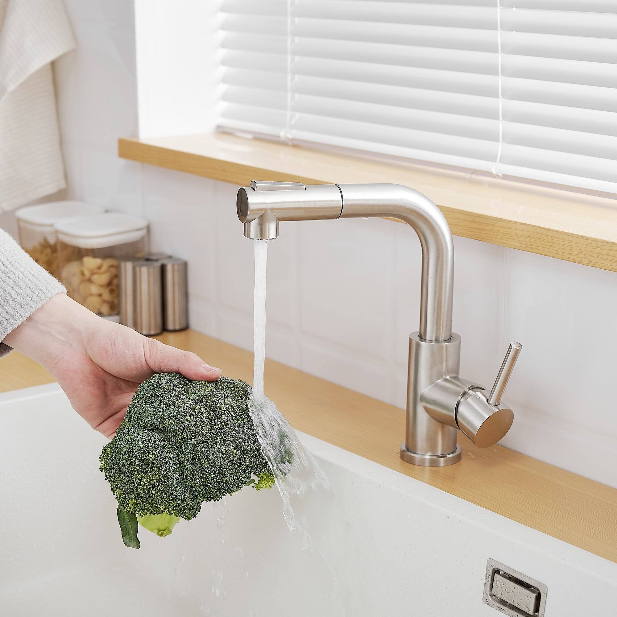 Alt View 4. Boyel Living - Brushed Nickel 2 Spray Patterns Stainless Steel Pull Out Kitchen Faucet with Water Supply Hoses - Brushed Nickel.