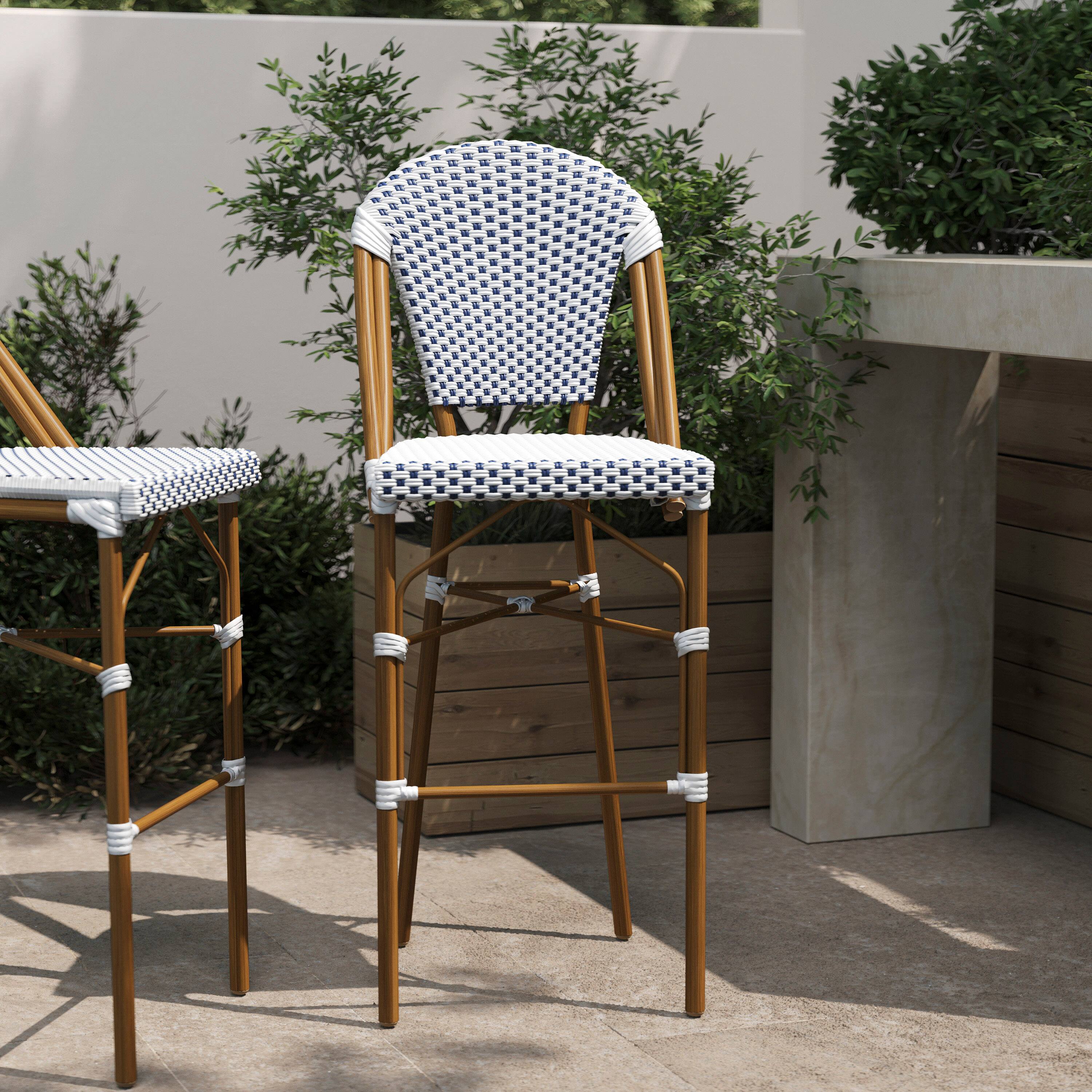 Alt View 1. Flash Furniture - Lourdes Stackable Indoor/Outdoor Bistro 30" High Barstool, Commercial Grade, White/Navy and Bamboo Finish - Blue.