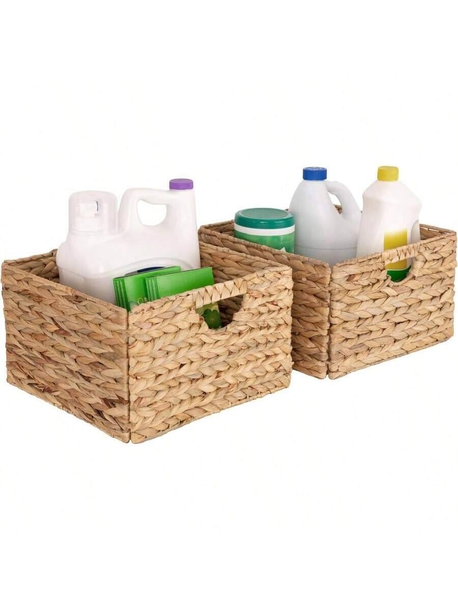 Alt View 3. Live At Space - Premium Natural Handwoven Portable Laundry Bin Basket with Carrying Handles, Household Storage Clothes, Linens, Sheets, - Natural Water Hyacinth + Rectangular (2 Pack).