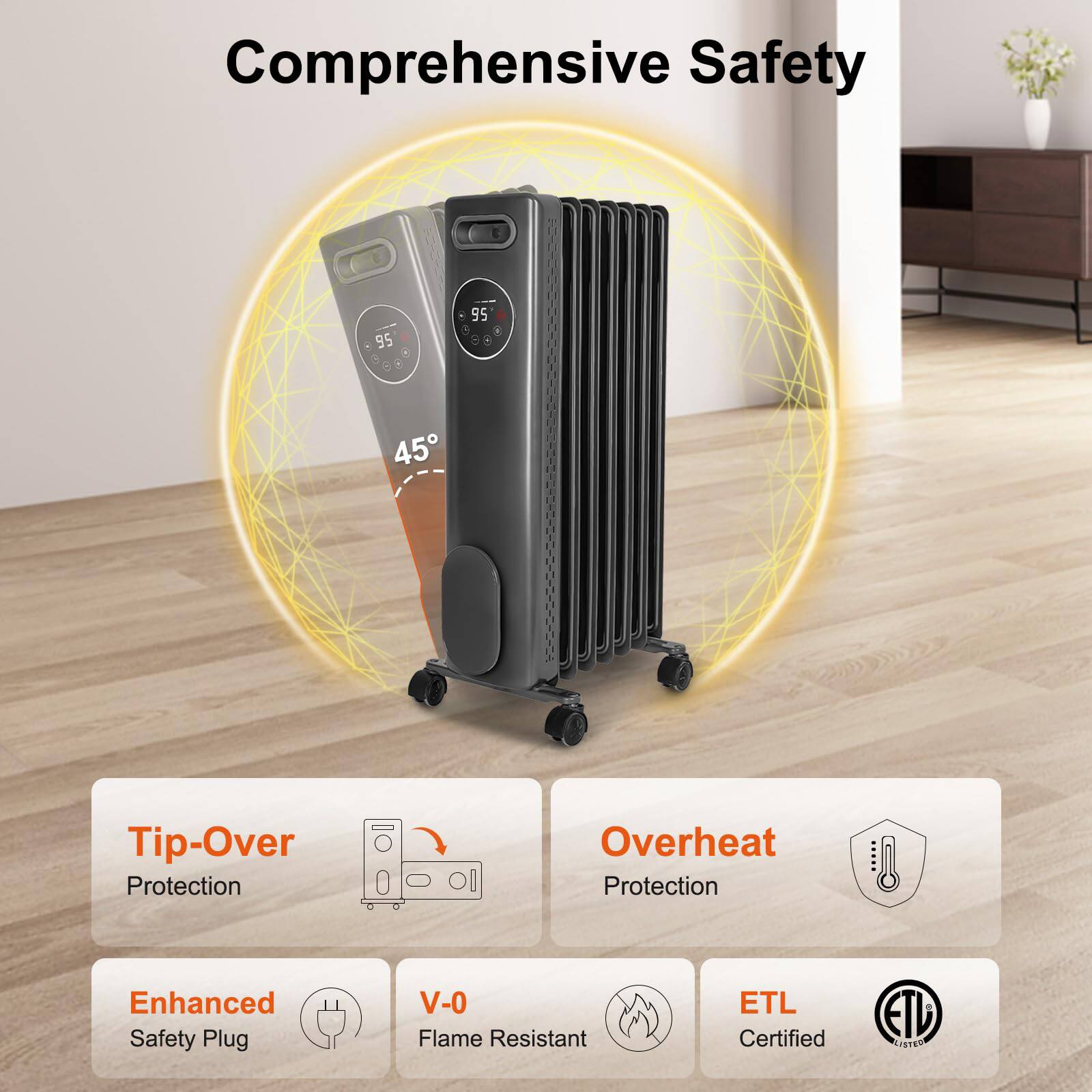 Comprehensive Safety

- Tip-Over Protection
- Overheat Protection
- Enhanced Safety Plug
- V-0 Flame Resistant
- ETL Certified
- ETL Listed