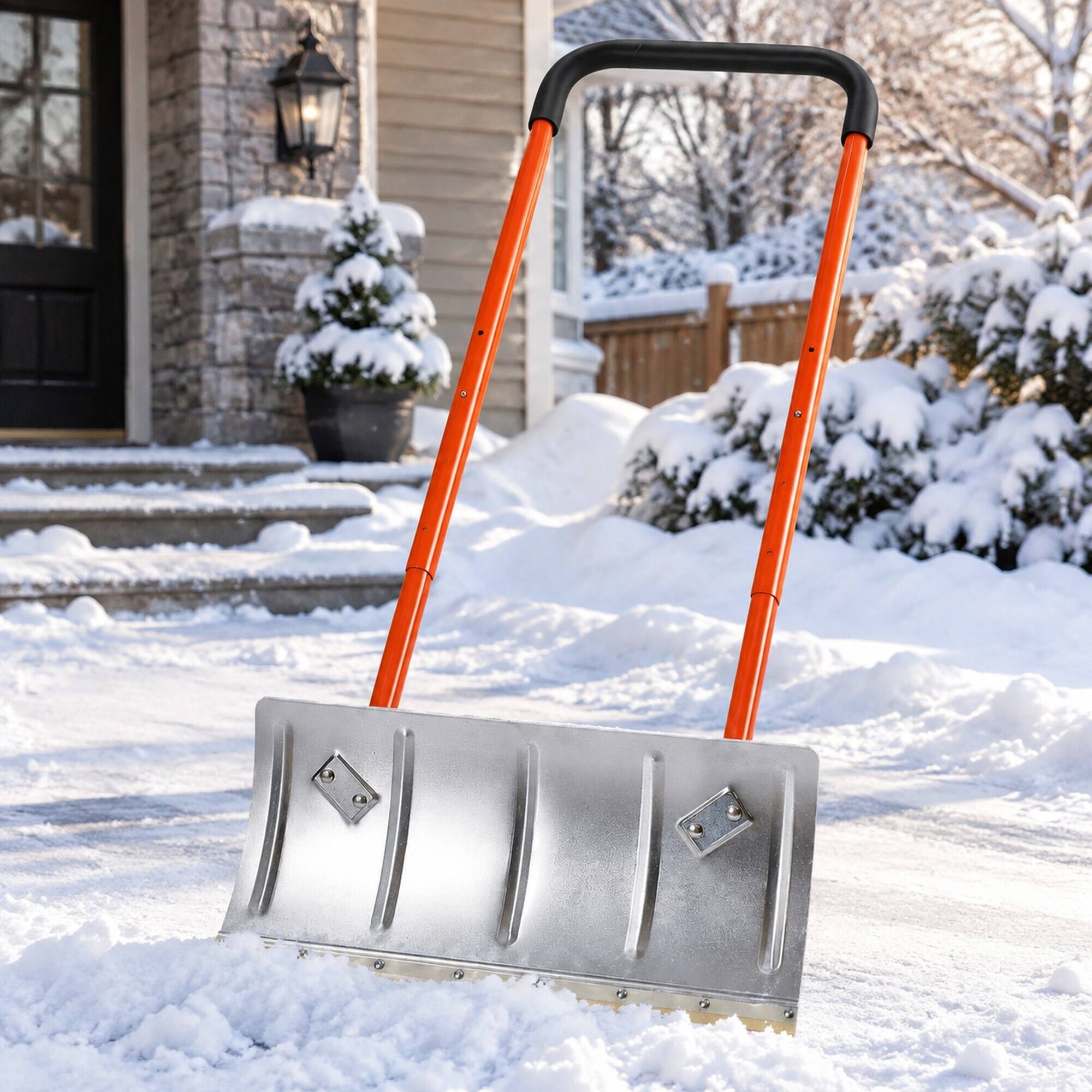Left. RYHNUYNE - 24 in Snow Pusher Shovel, Metal Snow Plow, Adjustable Handle, Anti-Slip Wheels, Driveway Clearing - Gray.