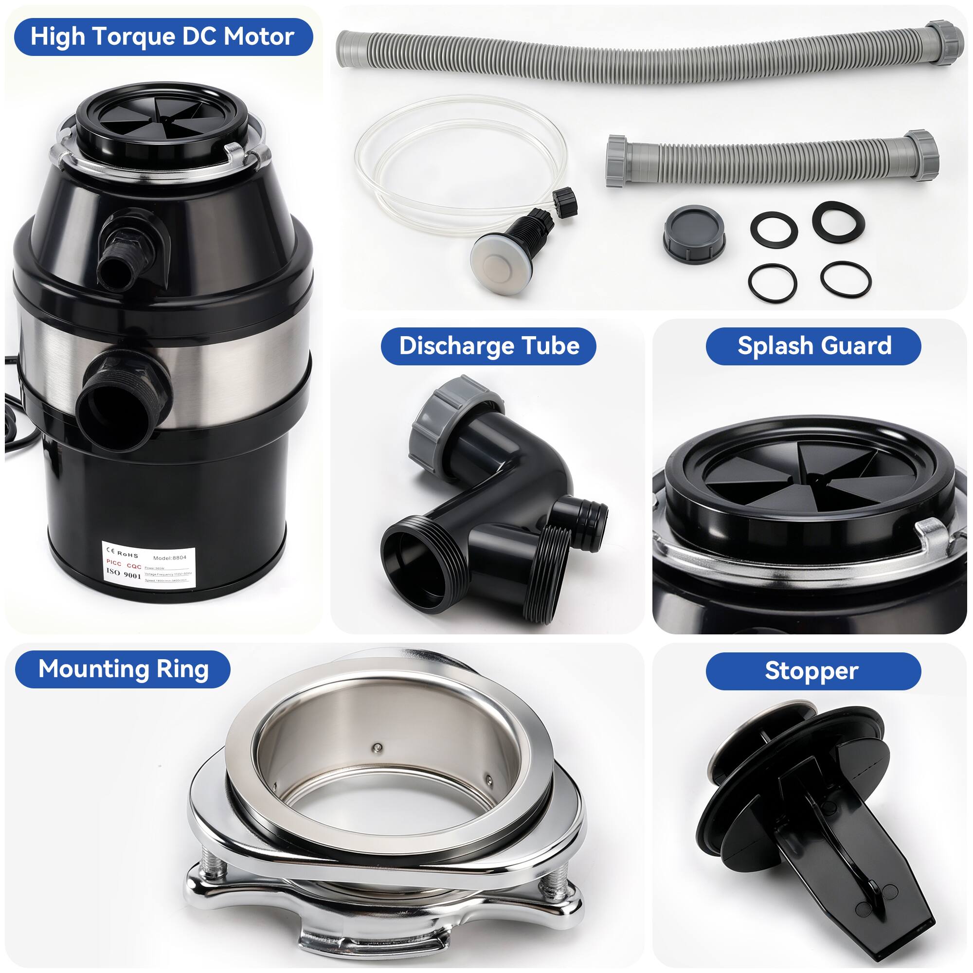 High Torque DC Motor  
Discharge Tube  
Splash Guard  
Mounting Ring  
Stopper