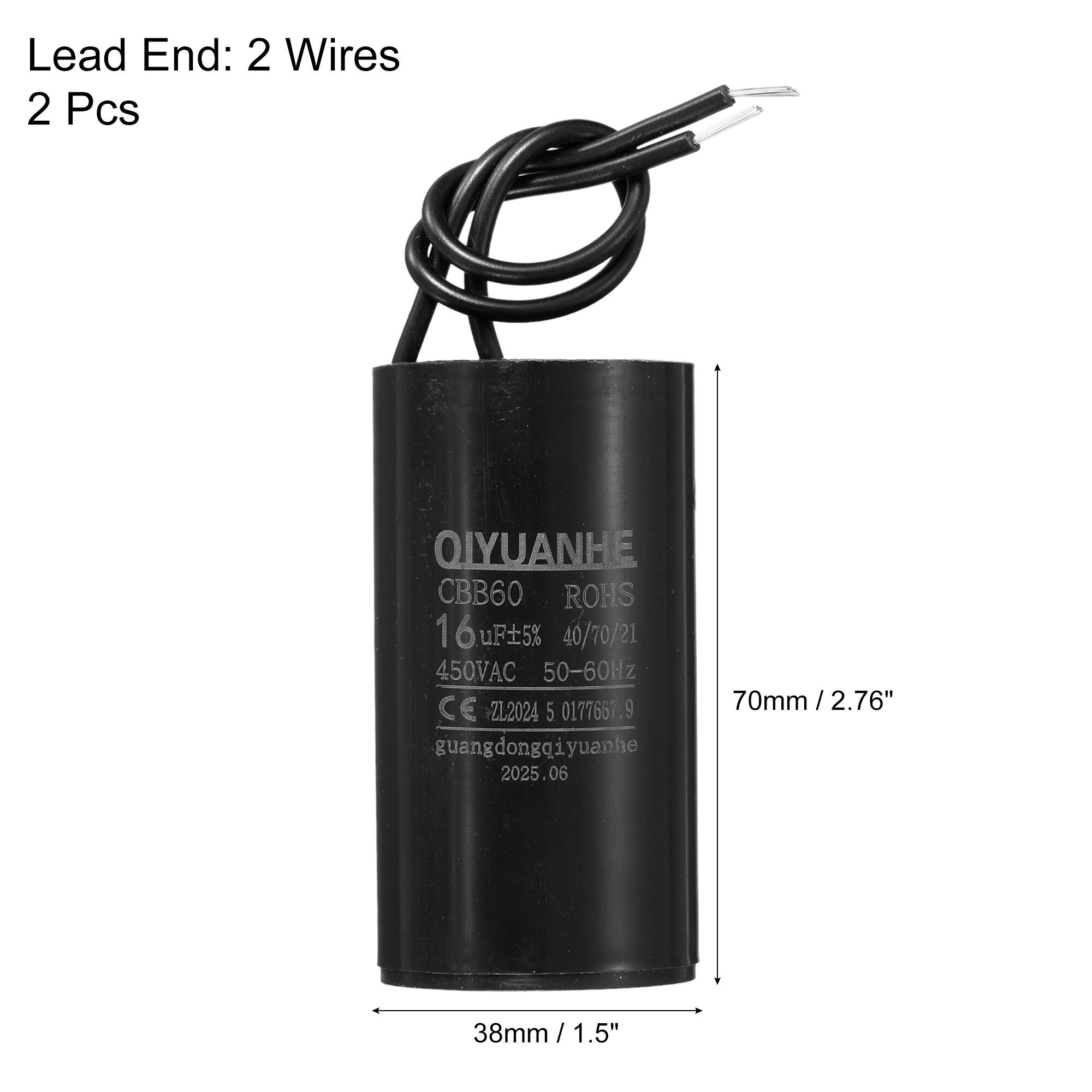 Lead End: 2 Wires  
2 Pcs  

OIYUANHE  
CBB60  
ROHS  
16 uF ±5%  
40/70/21  
450VAC  
50-60Hz  
CE Z1.2024  
0177657.9  
70mm / 2.76"  
38mm / 1.5"  
guangdongqiyuanhe  
2025.06