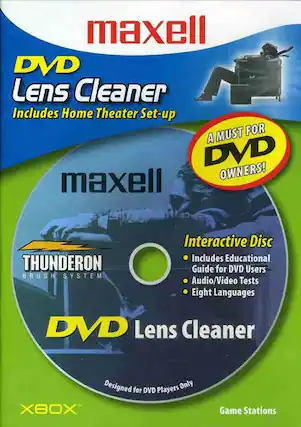 Maxell DVD Lens Cleaner
Includes Home Theater Set-up
A MUST FOR DVD OWNERS!
Interactive Disc
- Includes Educational Guide for DVD Users
- Audio/Video Tests
- Eight Languages
THUNDERON BRUSH SYSTEM
DVD Lens Cleaner
Designed for DVD Players Only
XBOX Game Stations